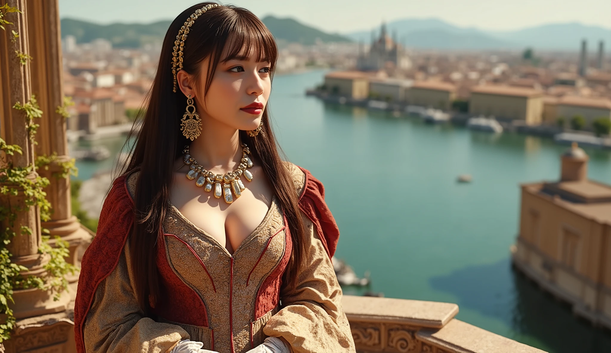  waterside Renaissance city in a,  in a , gloves, jewelry on kiss butt,  with big breasts,  long hair and bangs , A beautiful detailed girl with ,  waterside renaissance city {x} rendered in an isometric view with Blender .