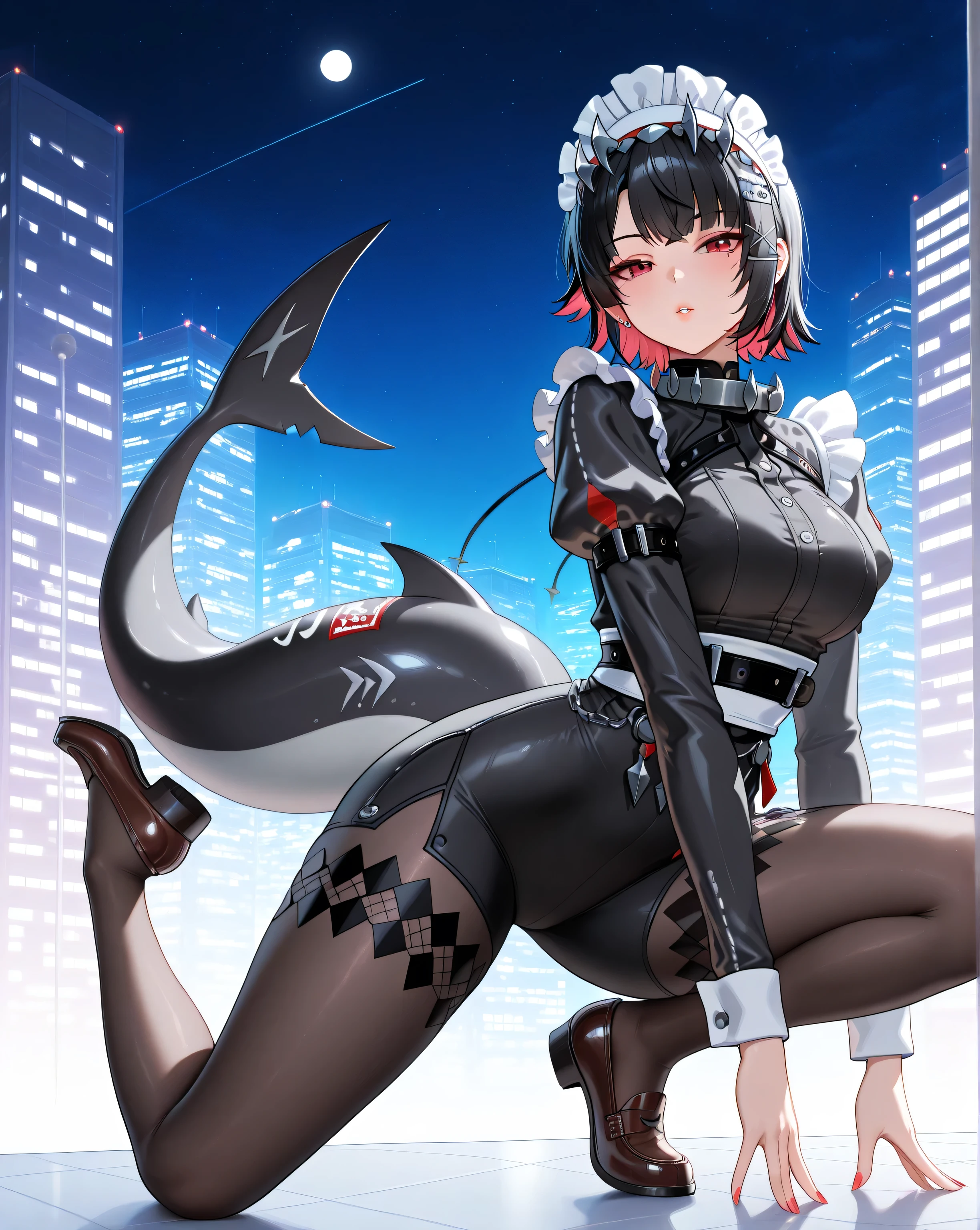 (Yoga, yoga pose:1.0, dynamic pose,adult Ellen Joe:1.0, Ellen Joe Outfit:1.0, transparent Ellen Joe pantyhose:1.0, shark tail, seductive eyes:4.0, detailed face, detailed mouth, small waist:1.0, wide hips:1.0), black hair, Ellen Joe headdress, red eyes, 1woman, alone, night, nightlight, masterpiece, detailed face, perfect hands, perfect eyes, Ellen Joe loafers, shoe dangling:2.0