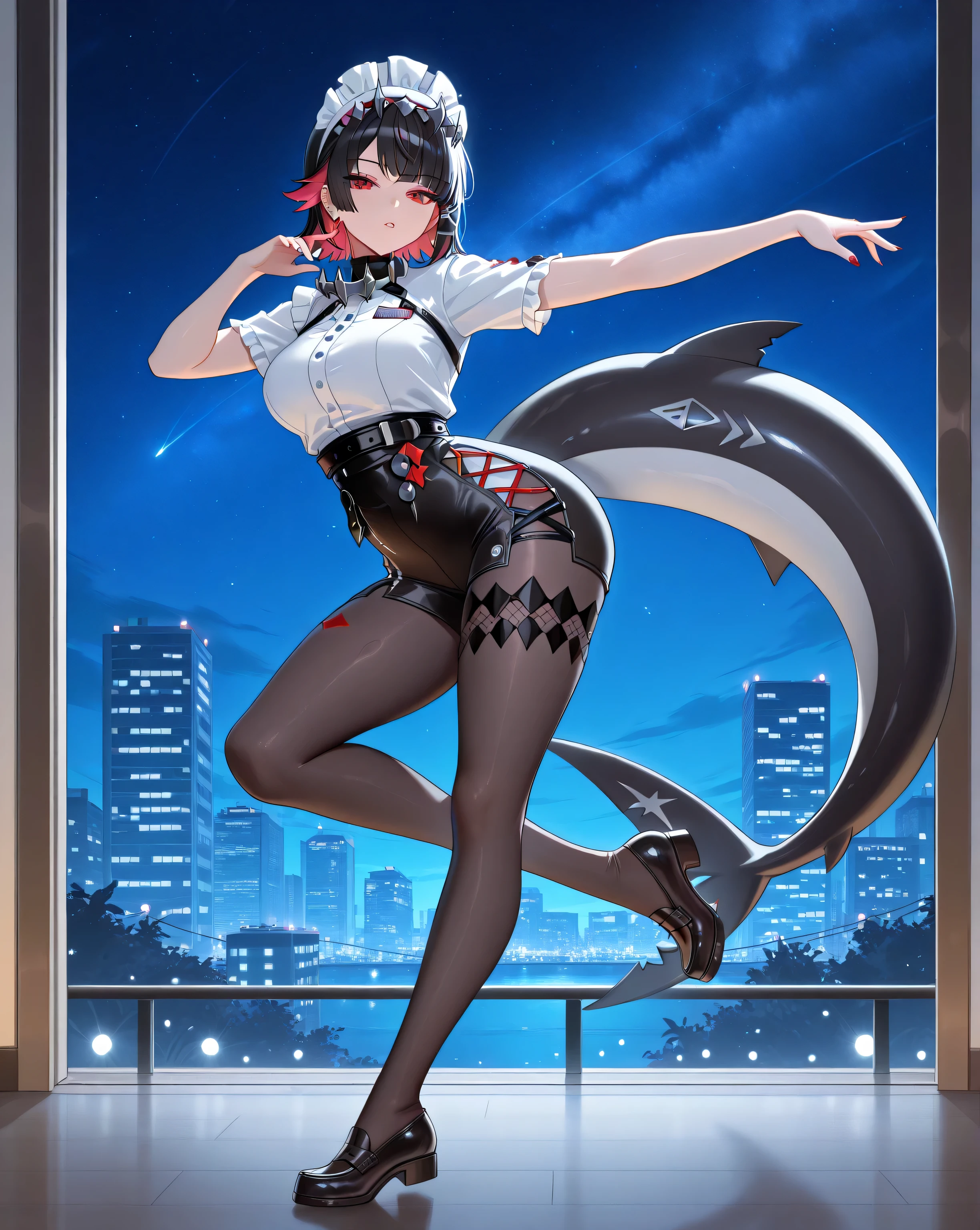 (Yoga, yoga pose:1.0, dynamic pose,adult Ellen Joe:1.0, Ellen Joe Outfit:1.0, transparent Ellen Joe pantyhose:1.0, shark tail, seductive eyes:4.0, detailed face, detailed mouth, small waist:1.0, wide hips:1.0), black hair, Ellen Joe headdress, red eyes, 1woman, alone, night, nightlight, masterpiece, detailed face, perfect hands, perfect eyes, Ellen Joe loafers, shoe dangling:2.0