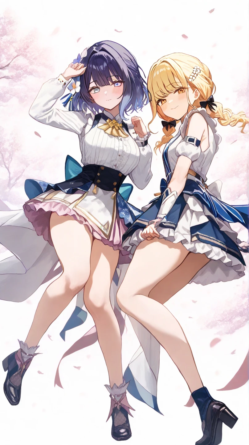 Texture CG, ((Ultra Detail Art)), ((master piece)), (extremely details CG),Multiple girls,3girls,standing,ragnarokarch,sexy gal , gyaru,beautiful breasts, beautiful legs, show off panties ,panty shot, (from below:1.25), wind lift ,((string panties),(sexy panties)),pelvic curtain,(((White Puff Sleeves))), white thigh thighs, Gold Sash ,White blue dress from neck to chest, cleavage cutout, Long blue skirt with slit, (Blue Wide Sleeve), (Blue Dress Short Front), long hair, blonde hair, pink hair, silver hair, Curve, Beautiful detailed eyes , gleaming skin, open mouth ,light smile, embarrassed:1.4, outsides ,clear sky, in summer ,windy ,garden,