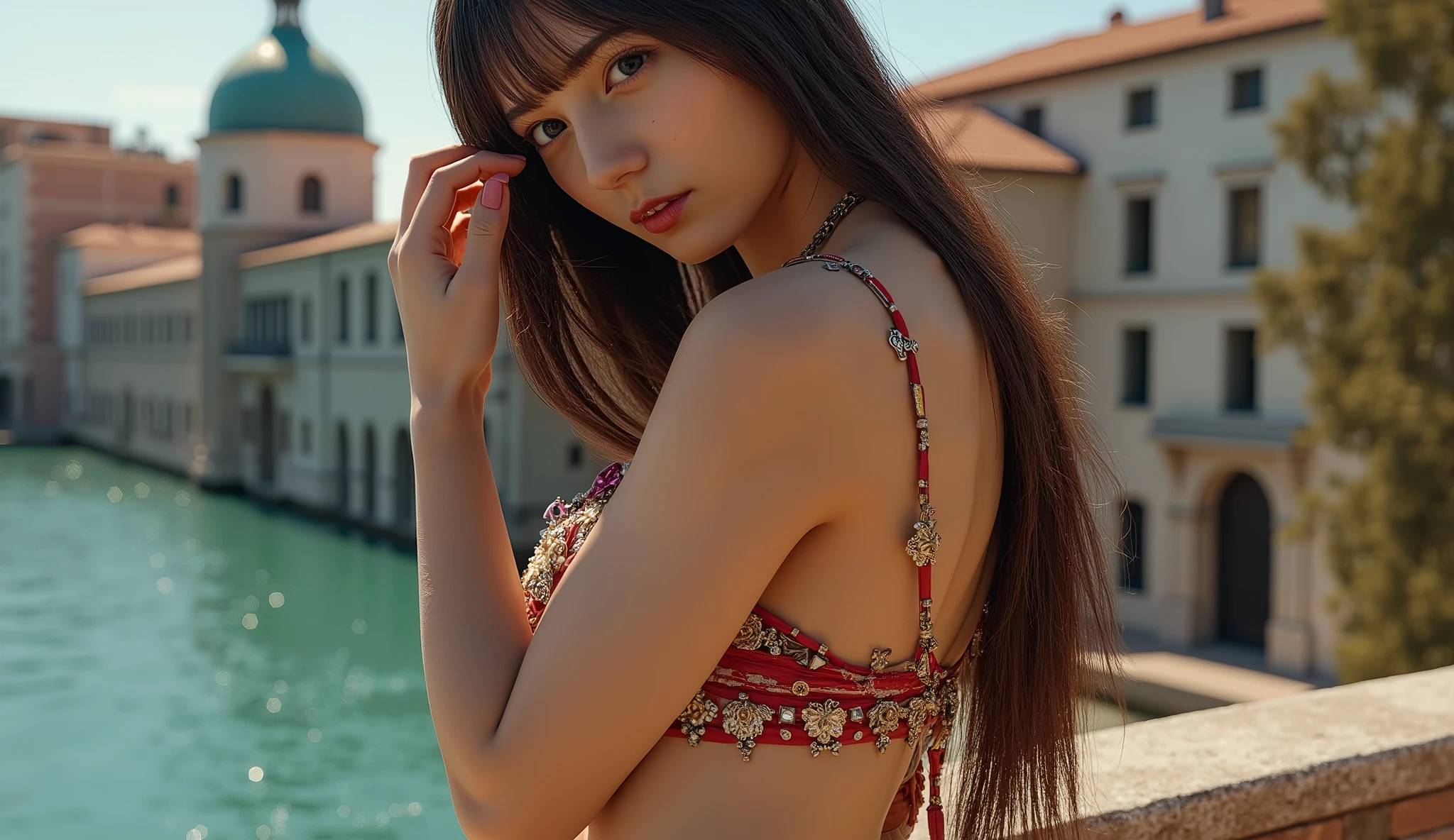 (((work of art, best qualityer: 1.2, image ultra realistic),13 year old girl , europeu , beautiful and symmetrical face, with bright red eyes, phoenix, lotus flowers, red rose gold, gold mini underwear, Mountain sunrise to the bottom, Ancient porcelain buildings)), small breasts nsfw, you look with makeup, very beautiful butt, profile pic
