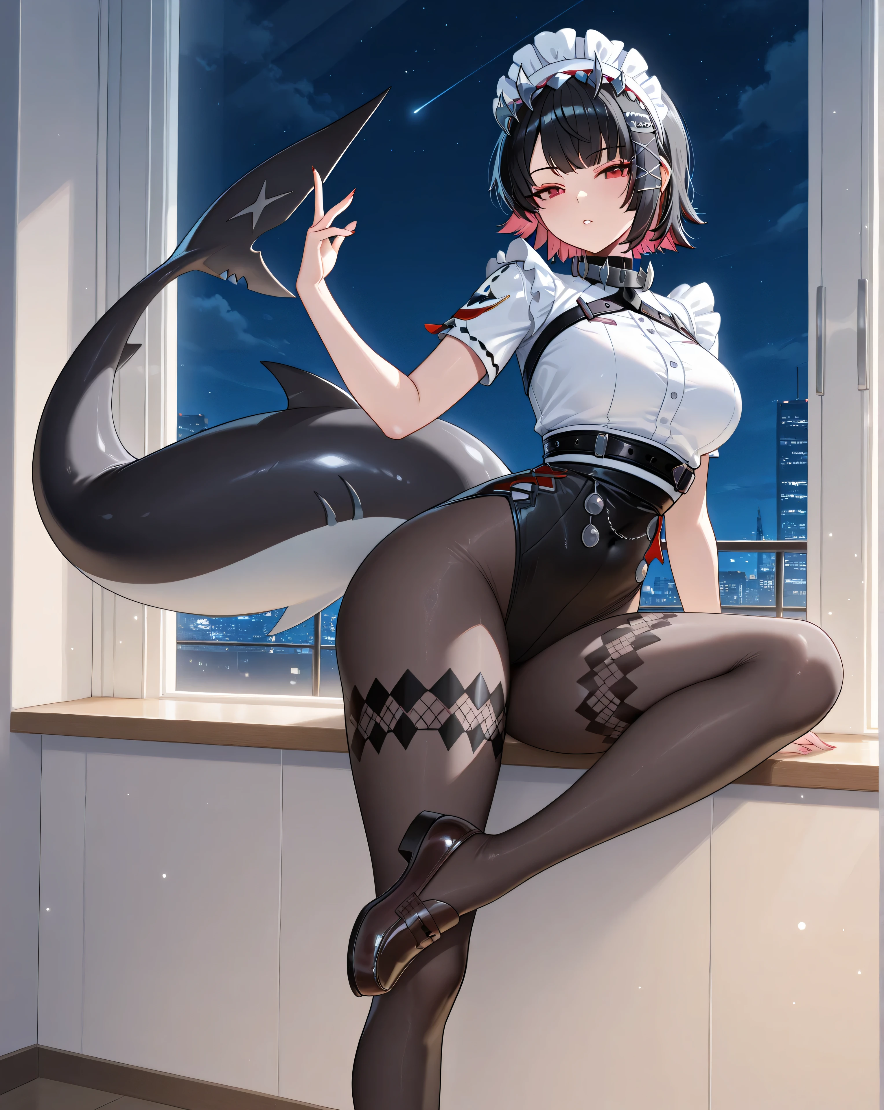 (Yoga, yoga pose:1.0, dynamic pose,adult Ellen Joe:1.0, Ellen Joe Outfit:1.0, transparent Ellen Joe pantyhose:1.0, shark tail, seductive eyes:4.0, detailed face, detailed mouth, small waist:1.0, wide hips:1.0), black hair, Ellen Joe headdress, red eyes, 1woman, alone, night, nightlight, masterpiece, detailed face, perfect hands, perfect eyes, Ellen Joe loafers, shoe dangling:2.0