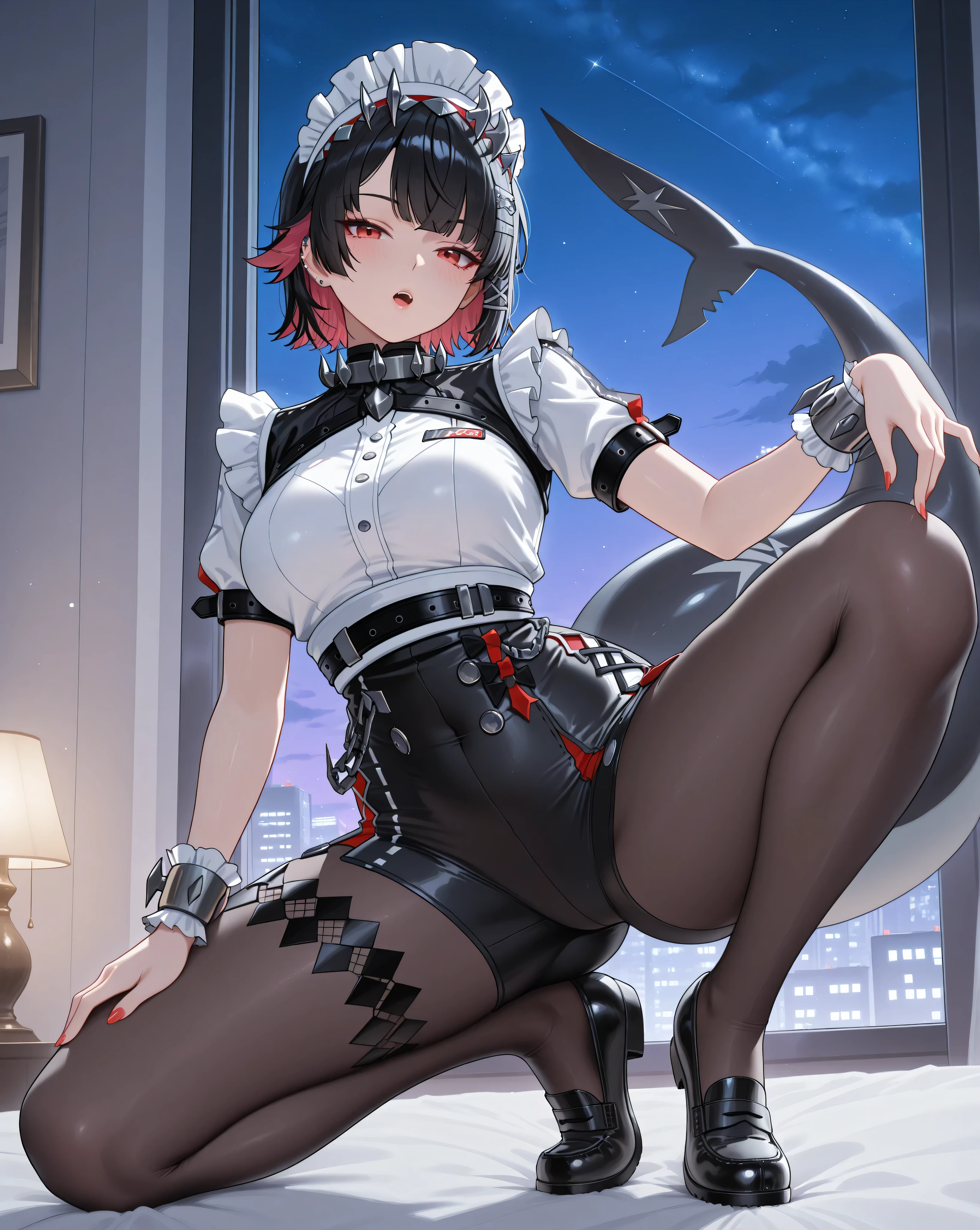 (Yoga, yoga pose:1.0, dynamic pose,adult Ellen Joe:1.0, Ellen Joe Outfit:1.0, transparent Ellen Joe pantyhose:1.0, shark tail, seductive eyes:4.0, detailed face, detailed mouth, small waist:1.0, wide hips:1.0), black hair, Ellen Joe headdress, red eyes, 1woman, alone, night, nightlight, masterpiece, detailed face, perfect hands, perfect eyes, Ellen Joe loafers, shoe dangling:2.0