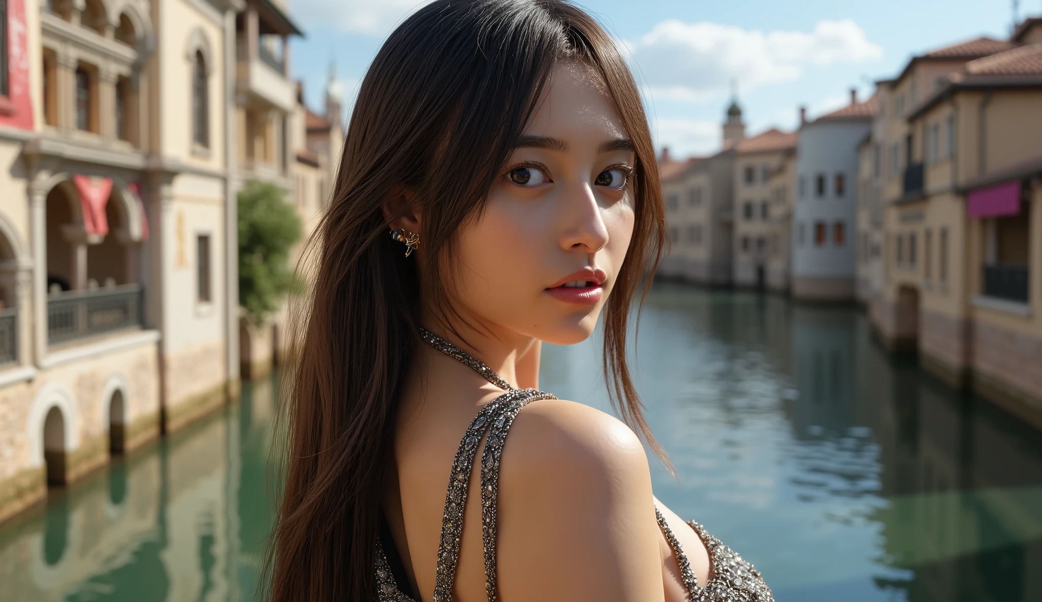 Beautiful detailed girl with long hair and bangs, in a , gloves, jewelry on kiss butt, with big breasts, long hair and bangs , A beautiful detailed girl with , waterside renaissance city {x} rendered in an isometric view with Blender .