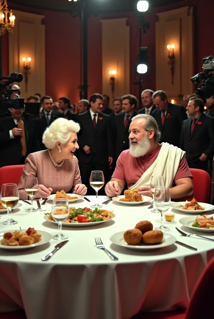 in a Seniors Party of 60+ year olds men and women, a pretty waitress in classic white collared top shirt and black mini skirt posing in front a group of old men and women lining in an arc
