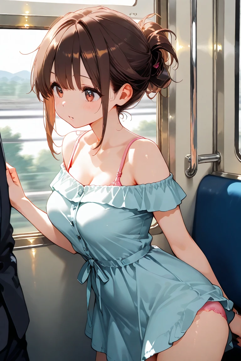 Let’s think step by step,Highest quality, masterpiece, Ultra-high resolution, 8k,Show anime style , One, Soft Line Art, Digital Enhancement, shojo anime touch, shojo manga core, Flowing fabric, close, Soft Drawing, Ultra High Definition Digital Anime Art, Clear facial depiction, Highly detailed girl manga character art, Ultra-detailed manga style, Highest qualityの色,
1 female,24-years-old, Brown haired woman,Short ponytail,Ultra-detailed clear brown eyes,Body type is slightly chubby,Small breasts,The butt is small,
On the train in summer,(((She stands and grabs the strap.))),(She looks out the window),I'm a little nervous,Sleeveless white summer dress,skirt,A shot looking up from the seat in front of her,(((Staring at her armpits))),Angle up to chest