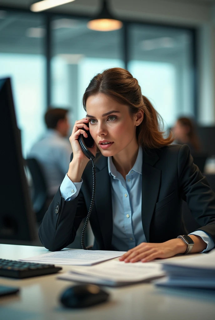 Create a realistic photo of a young woman - a super-professional secretary. She's talking on the phone.
She has a huge amount of work, but at the same time she is happy.
There are a lot of papers on the table.