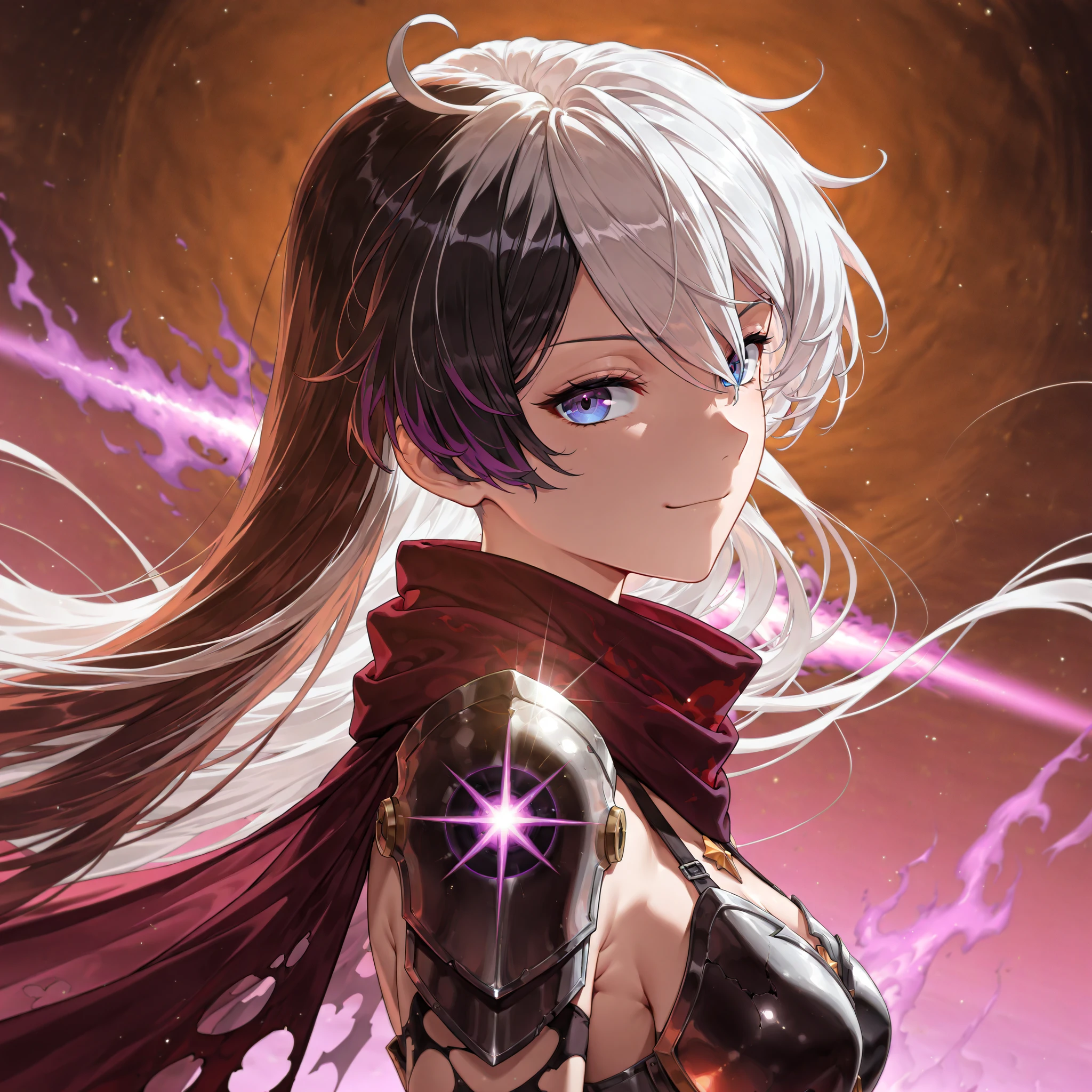 chuunibyou, dramatic shot, portrait, masterpiece, best quality, amazing quality, very aesthetic, high resolution, ultra-detailed, absurdres, (hands:-0.22)
1girl, woman, solo, alone,(looking at viewer, three quarter angle, side shot, closeup:1.19), (KianaHi3, Fol005, Kia_Hof:0.22), smirk, expressionless, white hair, very long hair,(multicolored hair, black hair:1.43), two tone hair, , blue eyes, purple eyes, nova eyes, kiana kaslana,alter dress, armored skirt, alternate white dress, chestplate, white chestplate, cape, armoured dress, bandoleer, scarf bandana, purple flames, purple aura, cracked armor, demon armor, torn dress, burning dress, cosmic sword, black hole star, novuschroma79 style, glitch art photo
BREAK, depth of field, volumetric lighting