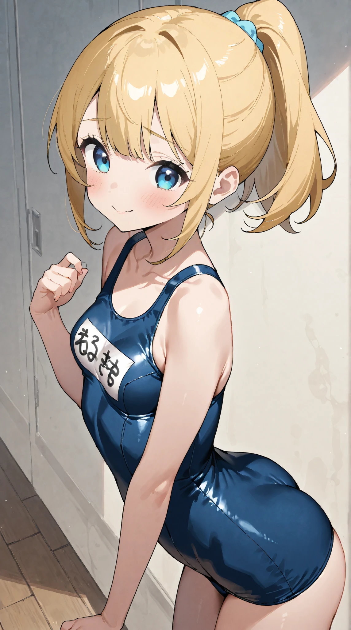 ((highest quality)), ((masterpiece)), (detailed), (Character Focus、breast focus), (One Girl: 1.5)、4k、((Symmetrical facial features)), Anime 2D Rendering, Realistic young anime woman,
Perfect Face, (Anime eyes:1.2、Beautiful fine details、Shining Eyes), Beautiful body, Beautiful thighs, Beautiful feet, (Beautiful white skin:1.5)、Perfect round butt、 Smaller breasts、12 years old、
Blonde、(Twin tails)、Dark blue eyes、
(Black school swimsuit:1.4)、
Captivating smile、Show your back、turn around、