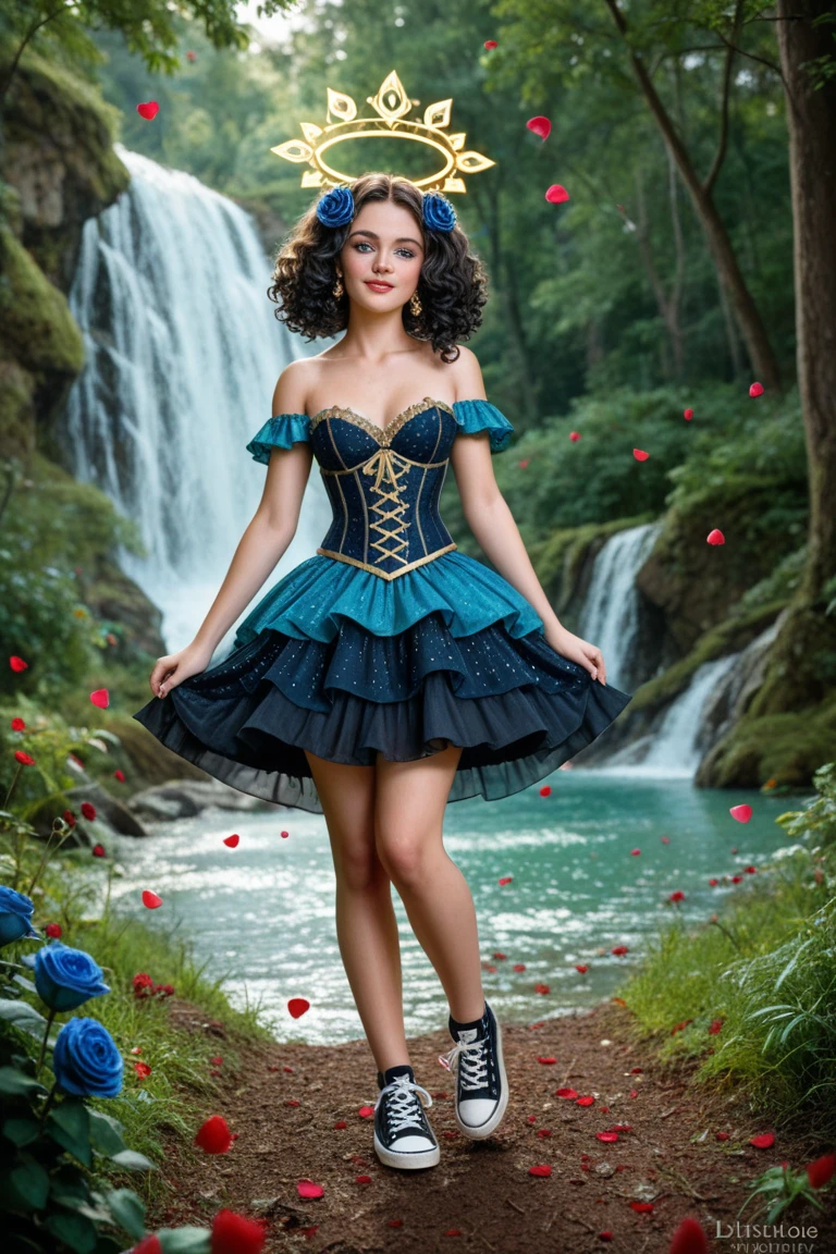 Snow White disney princess in wonderland forest background, walking in wonderful forest with fawn, showing open vagina pussy, Craft an image of a woman with luminescent blue eyes and black hair, clide in a blue-yellow leather bdsm style corset, snow white dress style, Red bow on the hair, silk stockings with support, with open sheved pussy, steampunk, rich in detail and frills, The setting is ethereal, with a backdrop fantasy forest with flowers and butterfles, that accentuates the ornate outfit. Ensure ultra-high-detail, photorealism, and crystal clear 32k resolution for a true masterpiece. 🎀👗✨💎, bmbplora, cutout, clothing, nipples, skirtlift,
