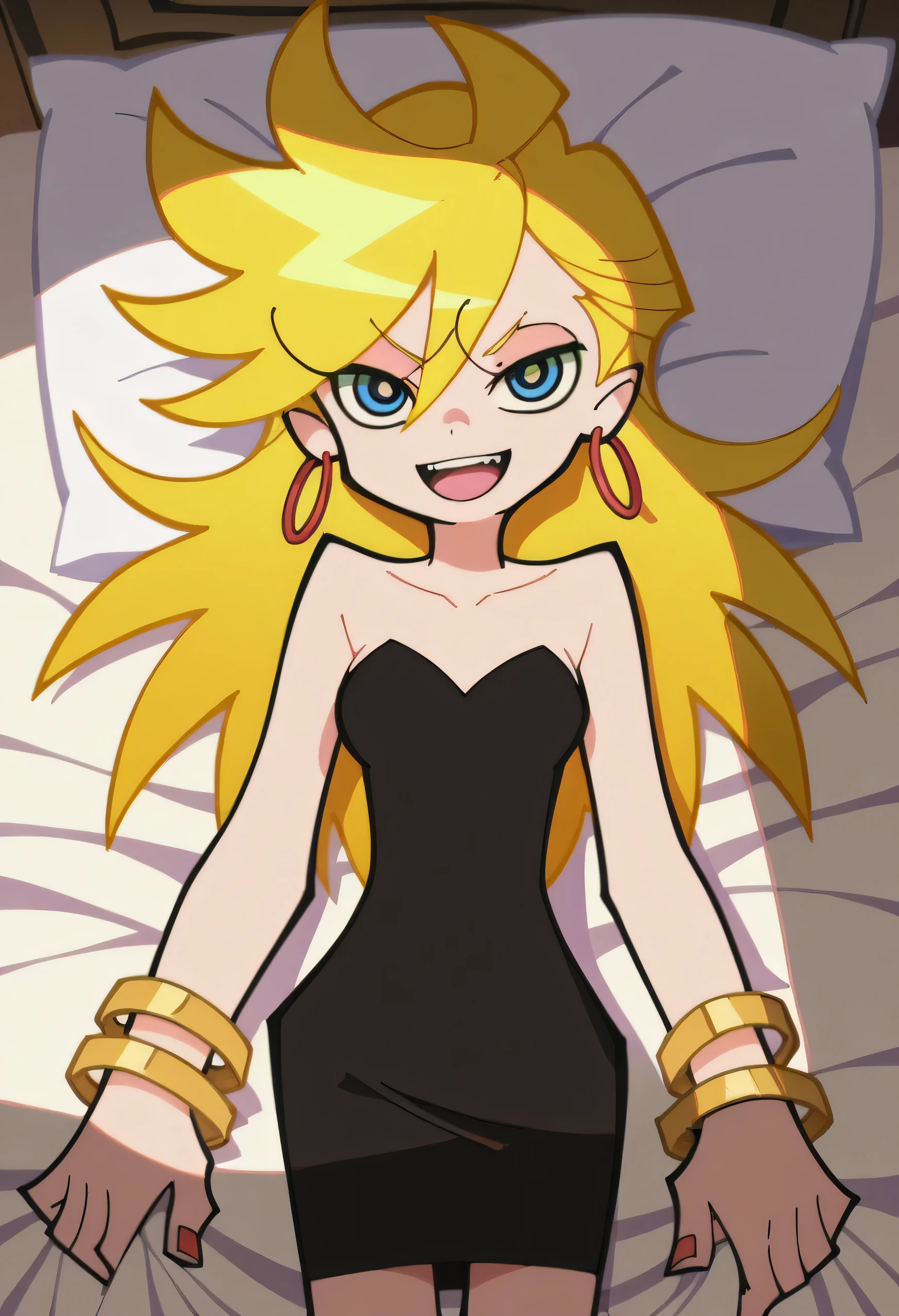 p&s style, rating_safe, score_10, sharp, anime screencap, flat shadows, flat colors, panty, blonde hair, strapless, hoop earrings, sliver bracelets, bare shoulders, looking at viewer, seductive smile, medium breast, 1girl, solo, smile, collarbone, strapless black tube dress, short black bodycon dress, cowboy shot, laying on her bed, a white sheet bed, perfect lighting, mouth open,