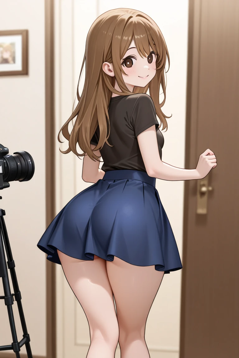 Anime girl with long hair and skirt posing in front of a mirror,Brown Hair、(Degree of brown eyes:1.5)、One side up、ヘアribbon、ribbon、length、Throw off your blazer、Blue Skirt、Pleated skirt、、Summer clothes、break (masterpiece:1.2)、Highest quality、High resolution、unity 8k wallpaper、(Consciousness upward:0.8)、(Beautiful and detailed:1.6)、Highly detailed face、Perfect lighting、Highly detailed CG、 (Perfect hands、Perfect Anatomy)、Look at the viewers、blush、Laughter、take a selfie in front of the mirror、Stand in front of a mirror、Pull up your skirt with your hands、 (White、Lace panties:1.3)、(Roll-up skirt:1.3)、(Full-fledged panties:1.5),(Show me your ass:1.3)