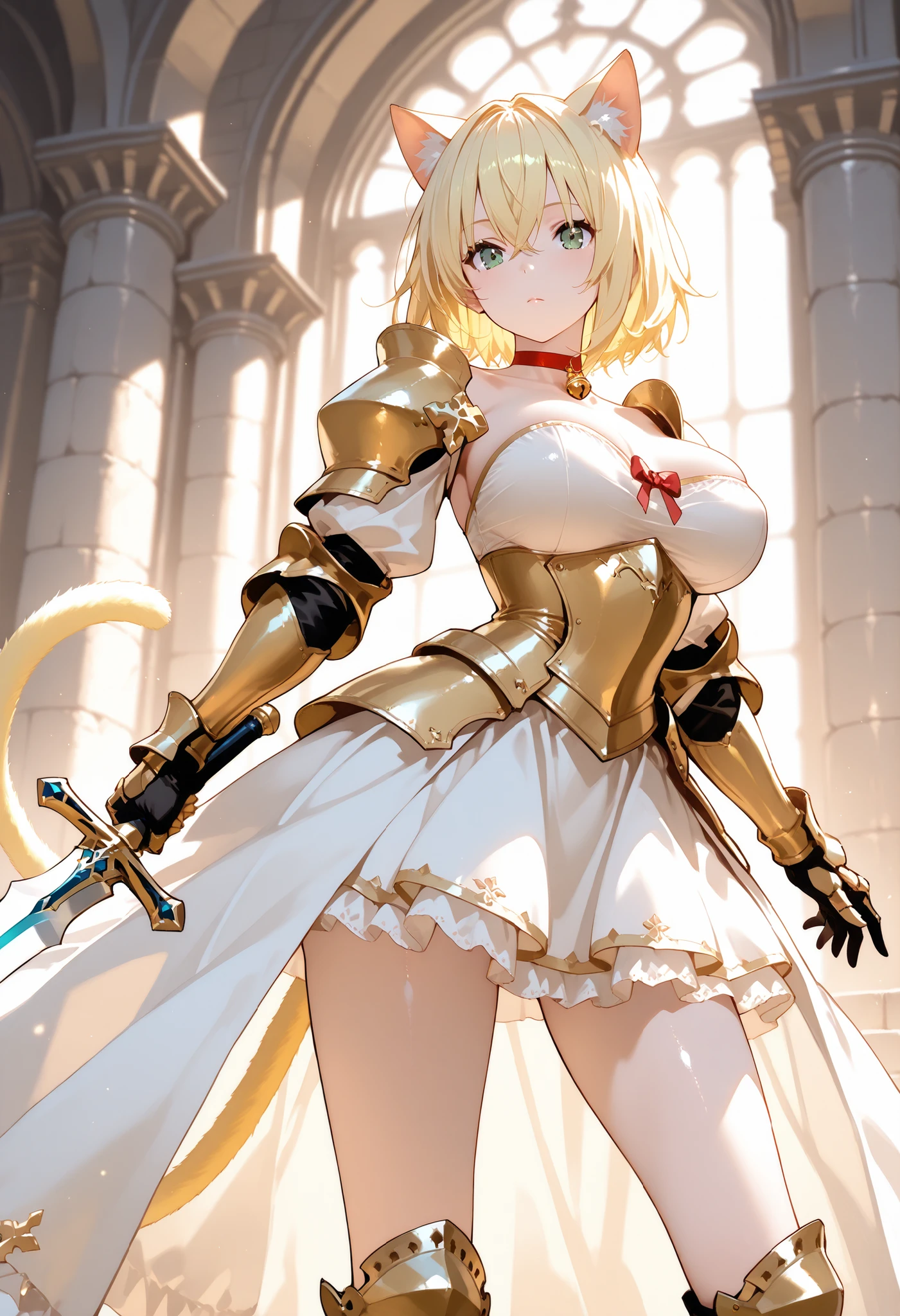 masterpiece、Highest quality、Ultra-high resolution、Maximum resolution、Very detailed、Professional Lighting、anime、Adult female、thin、so beautiful、Beautiful Face、sheer white leotard、((Pink and white armor))、Shiny Armor、、Gold earrings、blonde、Purple eyes、Pink Lips、Angle from below、Cleavage、
