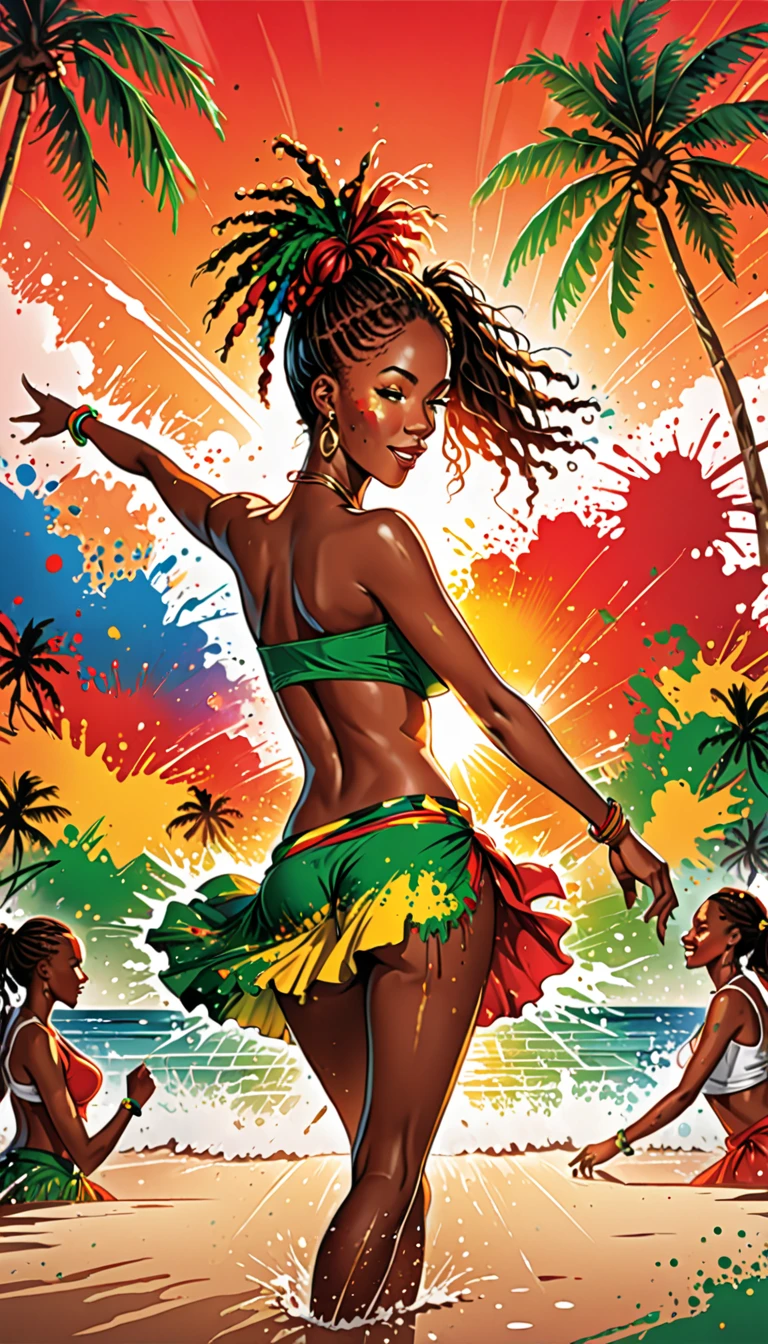 Vector art, Lots of Jamaican Reggae, Authentic Jamaican reggae music atmosphere，Color illustrations, in the center, Vibrant colors, Paint splatters and stains, High detail, 
bright red sunset,Palm tree,beach,Back view of dancing women