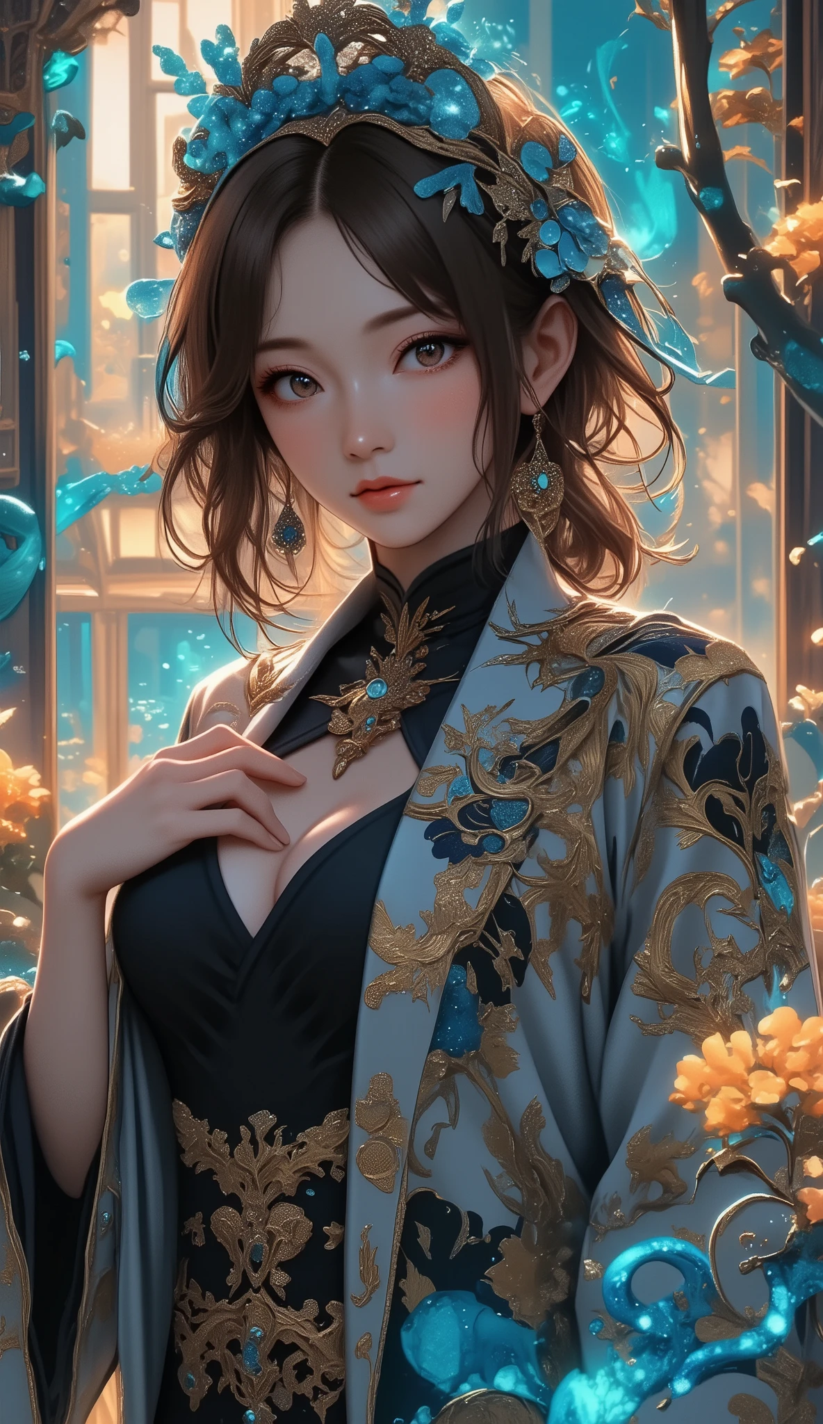 (Masseter membrane 、high quality、 Ukiyo-e style 、mystery、Absolutely beautiful、Official Art、Sharaku:1.2)、( 1 girl :1.3)、(fractal art:1.3)、cowboy shooting、white skin、(Beautiful Brunette、object:1.2)、 performing arts based on Japanese traditions、colorful、(reel、Japanese Style:1.2)、Light human skin、legs, camel toe showing thighs!!!、
