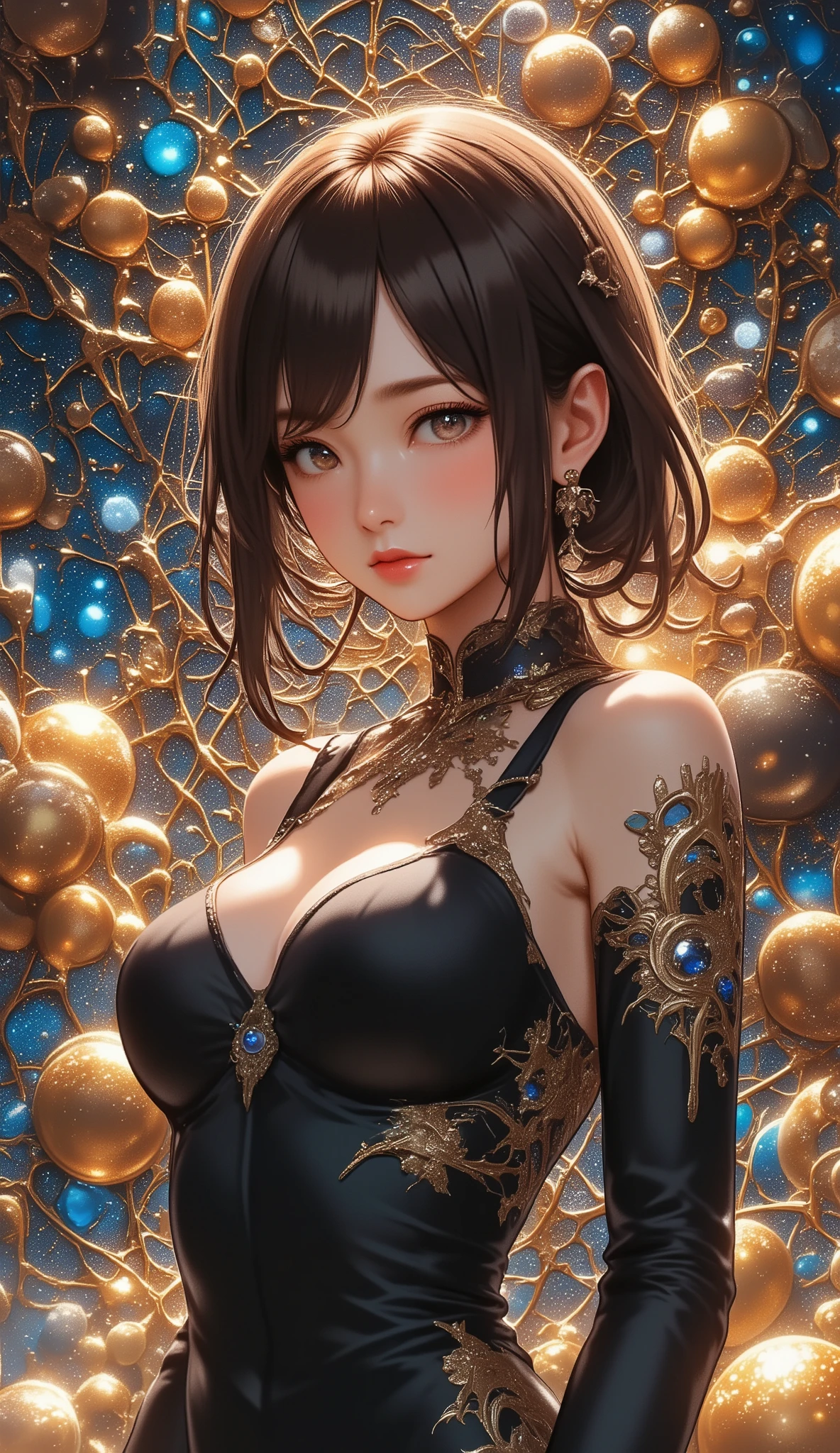 (巨作),(Best quality),(Ultra-detailed),illustration,Short curly hair,Dynamic angle,solo,1girl huge large breasts,game character portrait,Colorful,Beautiful detailed eyes,Colorful,translucent hair, (glowing inner hair),the perfect appearance,[Red eyes | Yellow eyes],Black hair,(Chinese style clothes),lace elbow gloves,Shawl,(Chiaroscuro lighting:1.2),(Flat color:1.1),(straddle:1.25),hari ornament,lookatthe viewer