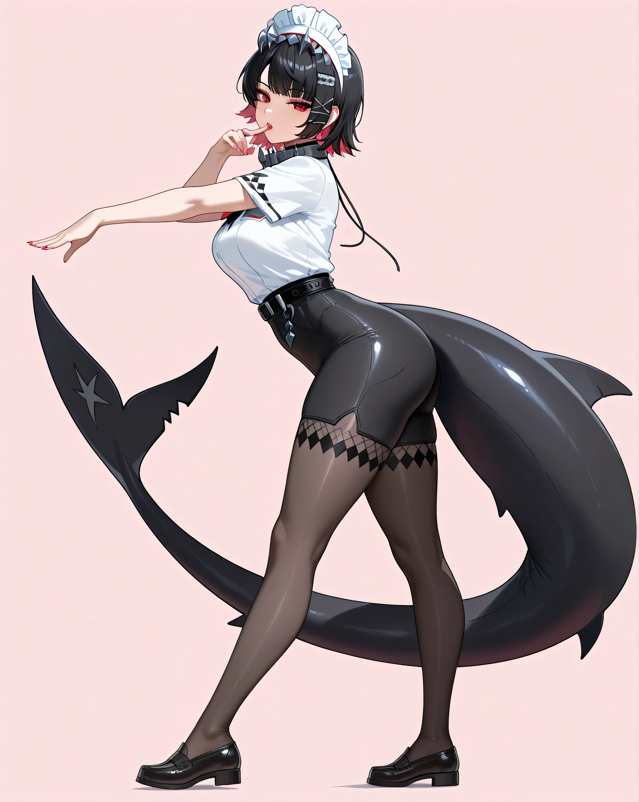 (Yoga, yoga pose:1.0, erotic pose, dynamic pose,adult Ellen Joe:1.0, Ellen Joe Outfit:1.0, transparent Ellen Joe pantyhose:1.0, shark tail, seductive eyes:4.0, detailed face, detailed mouth, small waist:1.0, wide hips:1.0),  black hair, Ellen Joe headdress, red eyes, 1woman, alone, masterpiece, detailed face, perfect hands, perfect eyes, Ellen Joe loafers, heelpop:2.0