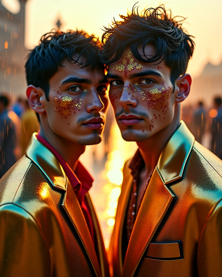 2 gay males in tight yellow latex with erections kissing eachother