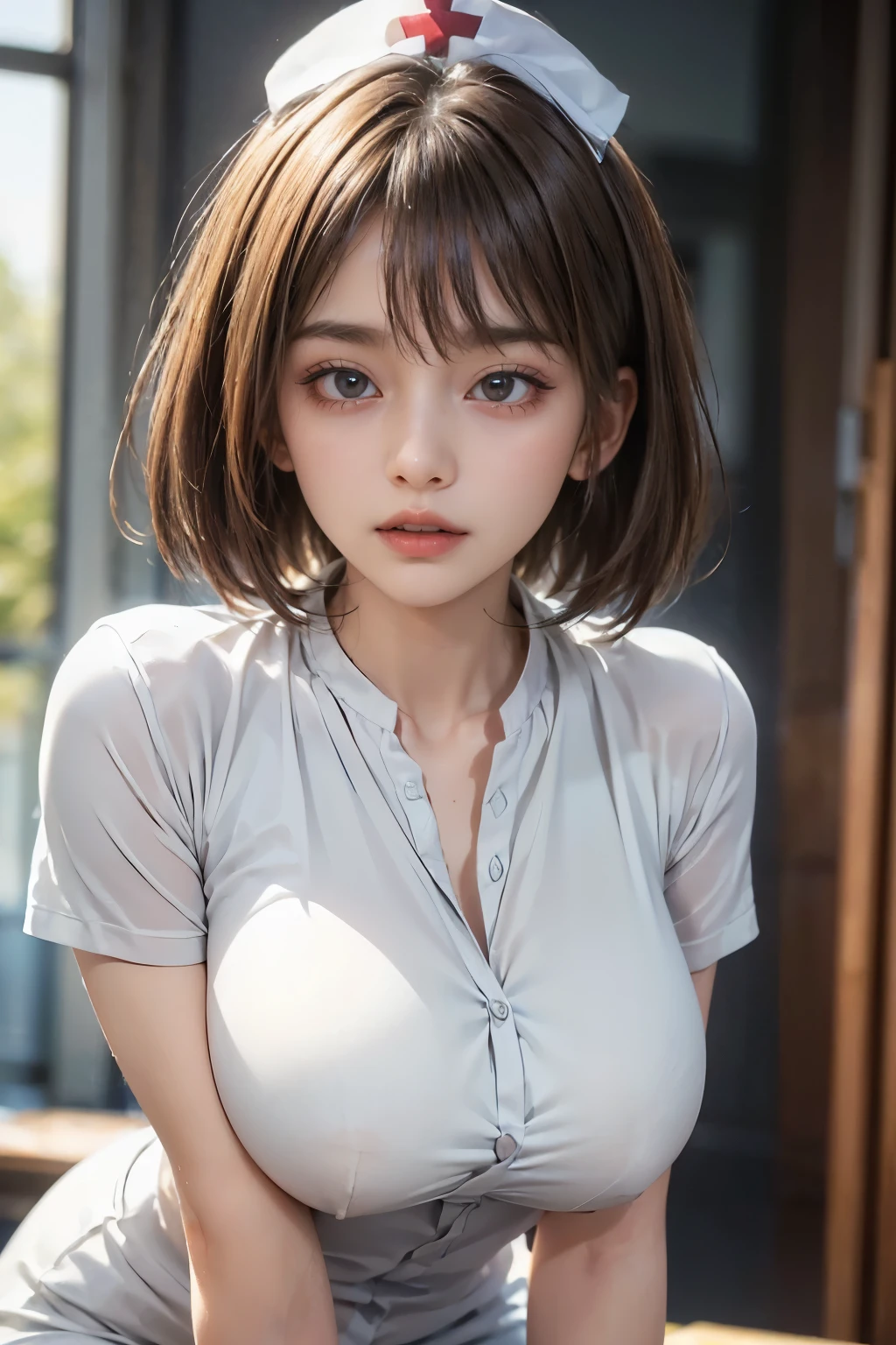 (a beautiful girl with rabbit ears), short messy brown hair, head tilted, (best quality,4k,8k,highres,masterpiece:1.2),ultra-detailed,(realistic,photorealistic,photo-realistic:1.37),intricate, detailed portrait,8K,((masterpiece)), ((best quality)), (ultra-detailed), High detail, professional photograph, highest quality, floating hair, beautiful detailed, (((realistic))), hyper realistic character,natural lighting ,beautiful detailed eyes,1girl, solo,blunt bangs, realistic, ((Tight gray dress so tight that it sticks to the body)), big tits