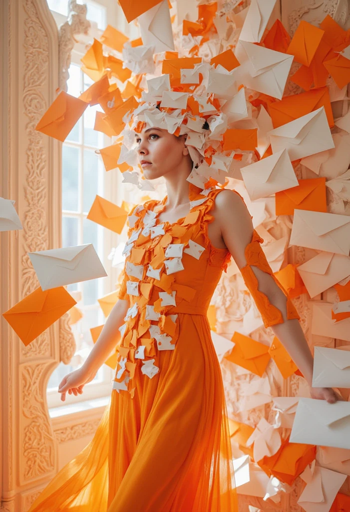 fusion of paper cutting and shadow puppetry, best quality, super fine, 16k, incredibly absurdres, extremely detailed, delicate and dynamic, orange in color, orange gradation, beautiful woman's back, large white hat with brim, white lace long dress, fluttering in the wind, wind effect, sun, backlighting, symbolist artwork