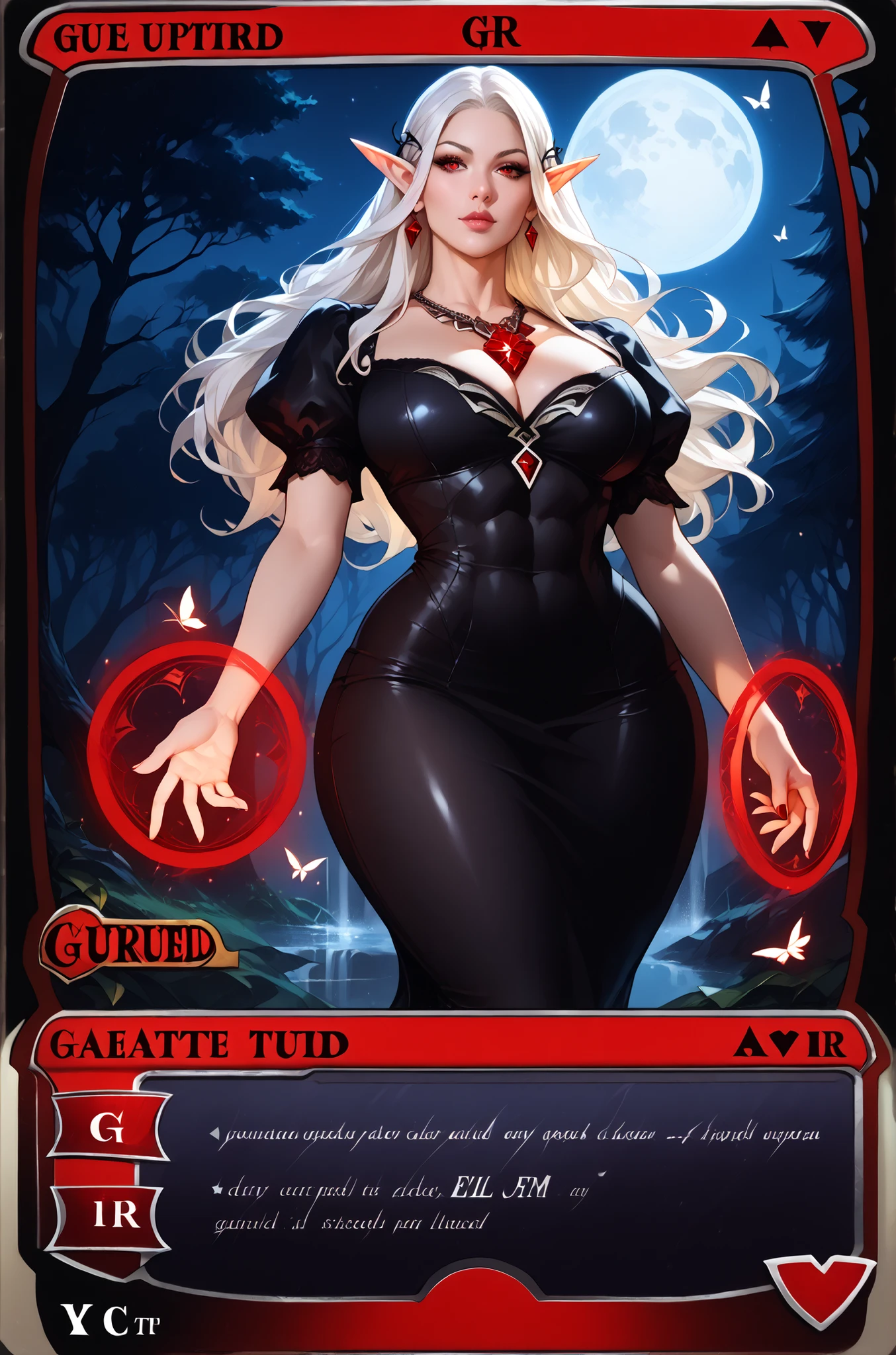 Beautiful elf in black dress, all long hair, white hair, red eyes, large butt, thick thighs, thin waist, abs, black legwear, leaning, black forest, big forest the background, white butterflies, big ass, wide hips, Magic: The Gathering card, realistic, solo, big ass, short dress, glued dress, ultra rare version, big white tower in the background, short black dress, glued dress, night, full moon, necklace with a red stone, red stone pendant.