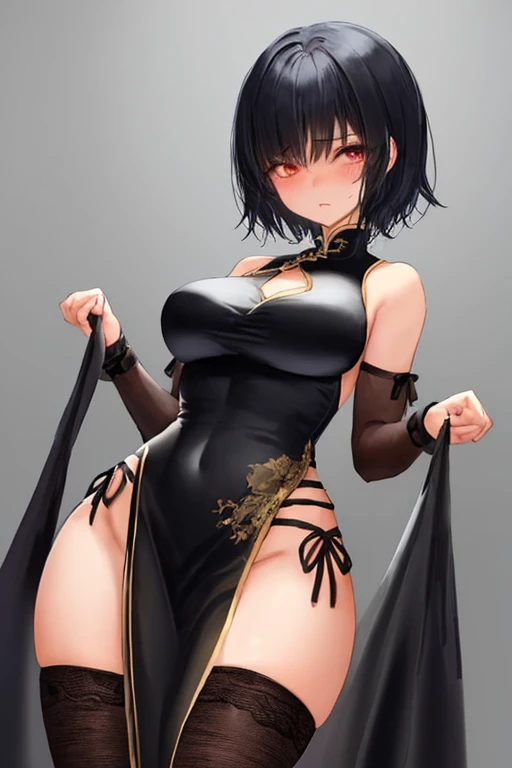 Girl, (Black Chinese Dress:1.5) , Black Hair , Iris ,(Huge breasts:1.2) , Twin tails , Small stature ,