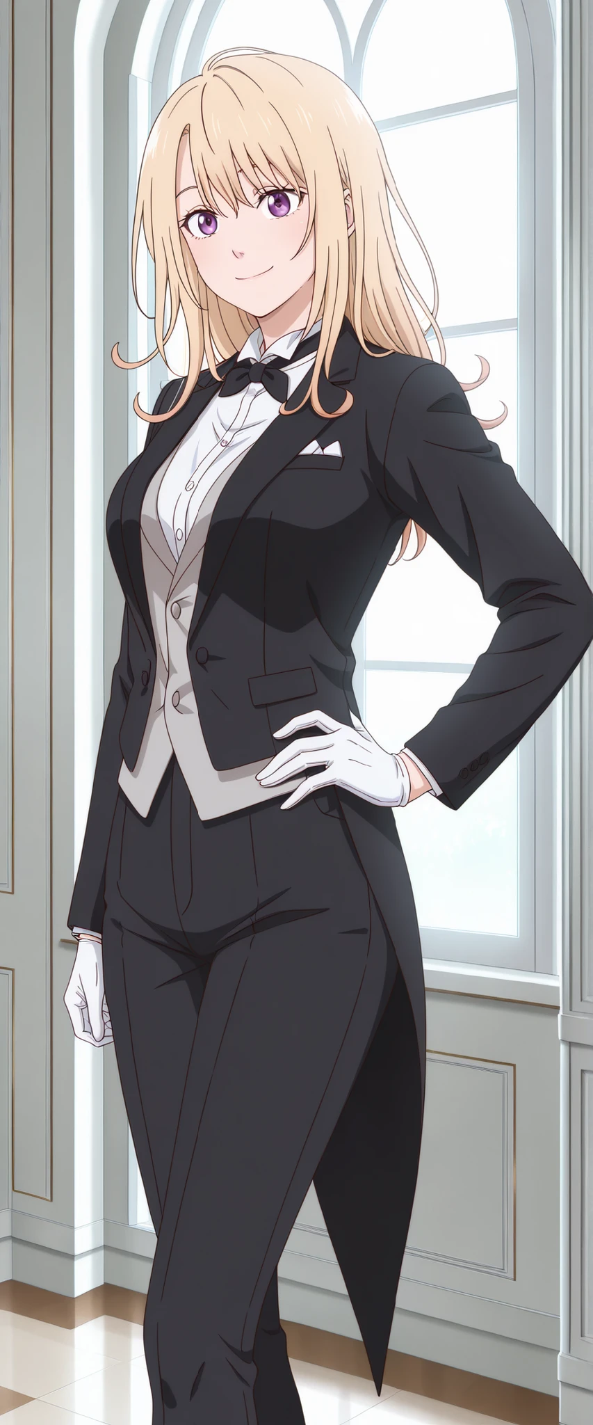 masterpiece, best quality, amazing quality, very aesthetic, absurdres, photorealistic, 1girl, solo,kawaimona, blonde hair, long hair, purple eyes, anime coloring, tuxedo tailcoat, butler, pants ,, woman in a formal suit,she's looking at the camera with a calm smile,,, indoors,smile,, gloves ,masterpiece,best quality,amazing quality, ,, hand on hip,,,,