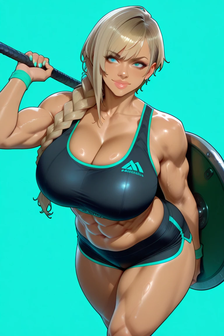 (high quality, best rendering), (beautiful girl), blue eyes, gray hair, solo woman, (bombshell, pin-up style), ((((Massive Female Bodybuilder)))), ((((Huge Breasts)))), ((wide hips)), slim waist, (((huge muscular ass))), (NSFW) , psychopath, crazy face, sexy pose, pastel, centered, scale to fit dimensions, micro bikini, camel toe
