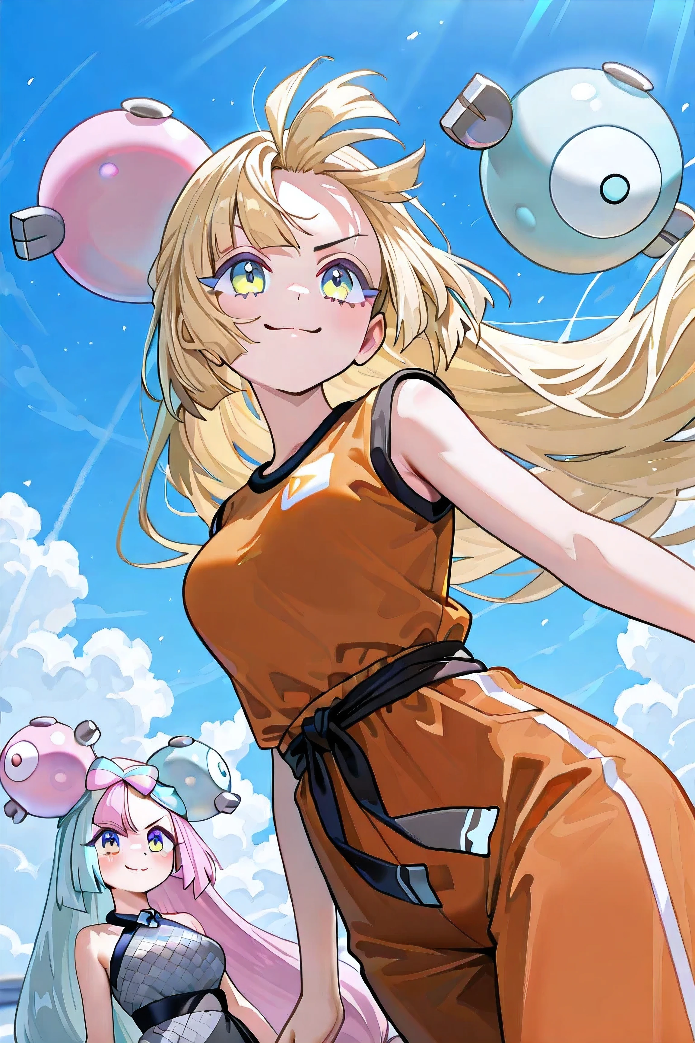 Iono (Pokémon Scarlet and Violet), young girl, ((((Just 1 Iono)))), medium breasts, very long hair, loose hair, ((floating hair)), blond hair, green eyes, Super Saiyan, ((confident expression)), confident smile, Extremely detailed face, Goku's training uniform, orange blouse, sleeveless blouse, faixa azul, sash on her waist, orange pants, botas azuis, extremely detailed clothing, flying in the sky , seen from below, facing the spectator, 4K, Best Quality, obra-prima.