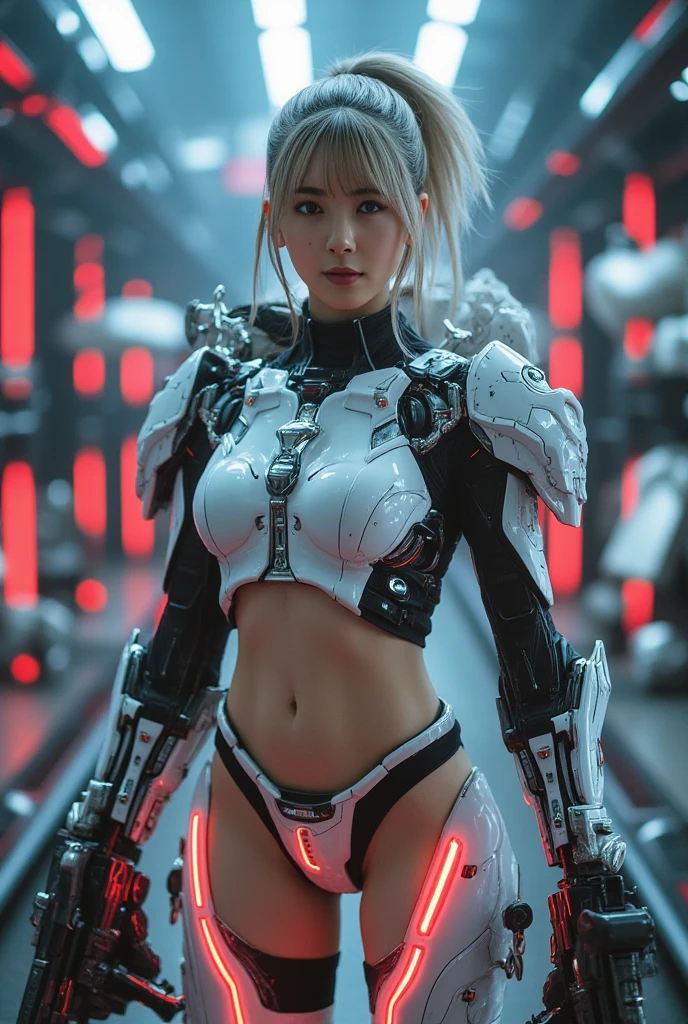 highest quality、master piece、超A high resolution、(Photoreal:1.4)、Raw photo、Combat Robot Angel、white porcelain body、Acrylic transparent cover、white hair、glowing skin、1 cyborg girl、((Ultra realistic details))、porate、global illumination、Black Shadow、octane rendering、8K、super sharp、character edge light,Huge 、Bare skin exposed between the breasts、The lower abdomen is exposed, thin pubic hair, intricate decorative details、Gothic Lolita details、hydraulic cylinder、Small LED Light、very intricate details、realistic light、purple eyes、shining eyes、towards the camera、neon light details、cowboy shot、futuristic headgear、About the Floor Plan《cyberpunk characters》、、