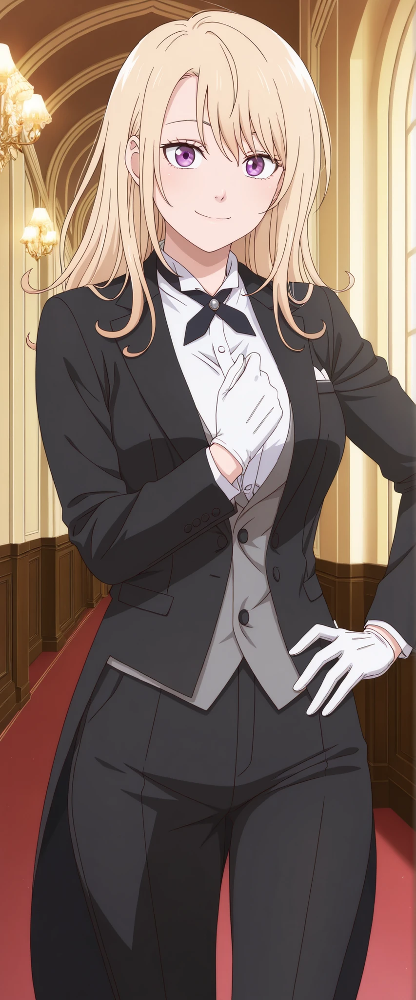 masterpiece, best quality, amazing quality, very aesthetic, absurdres, photorealistic, 1girl, solo,kawaimona, blonde hair, long hair, purple eyes, anime coloring, tuxedo tailcoat, butler, pants ,, woman in a formal suit,she's looking at the camera with a calm smile,,, indoors,smile,, gloves ,masterpiece,best quality,amazing quality, ,, hand on hip,,,,