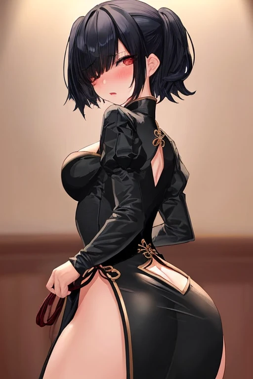 Una mujer con un vestido verde muy ajustado sentada en una repisa,fubuki de One Punch Man, Hermosa chica de anime en cuclillas, Fubuki, Thicc, Ella lleva un vestido verde oscuro, fubuki, peeping from behind, Postura de la espalda, Full growth from behind, Growing from behind, seductora chica de anime, Anime woman,big buttocks,big thighs