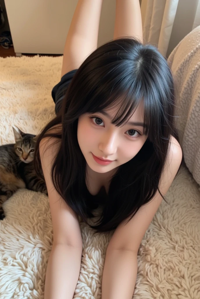 (2 Japanese girl,), (Small breasts:1.5,),(solo,,Textured skin, Detailed skin,Detailed face,Detailed eyes,detailed posing,Natural eyebrows,Sparkling Eyes,High detail, Highest quality, Super detailed, Surrealism, ,8k,RAW Photos,Photographicism,Professional Lighting,Portrait Photography,Soft Light),((Black Hair, Dark Eyes,Natural Makeup,Simple earrings, Bob Hair,ribbon,smile)),(((Lying on the floor,Wearing a cat costume,Dutch Angle, )))