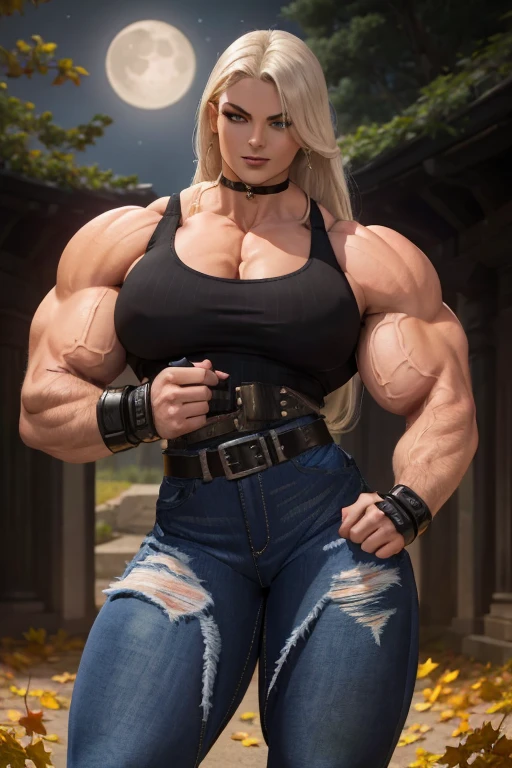 (((((Massive, beautiful, buff, light brown skinned muscular woman with white hair, ginormous bulky muscles and wearing a long denim jacket and a tight denim pants))))), (close view), massive muscles, hyper muscles, (long straight hair), ((tight tank top)), tight tank top, blue eyes, choker, ((((long denim jacket)))), ((denim pleated skirt)), (gloves), high heel boots, (white fire background), closed smile, night, ginormous arms