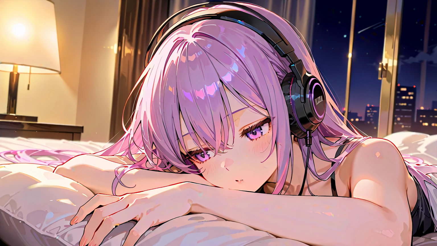 Girl lying on bed,Pink hair,Over ear headphones,Starry sky in the window