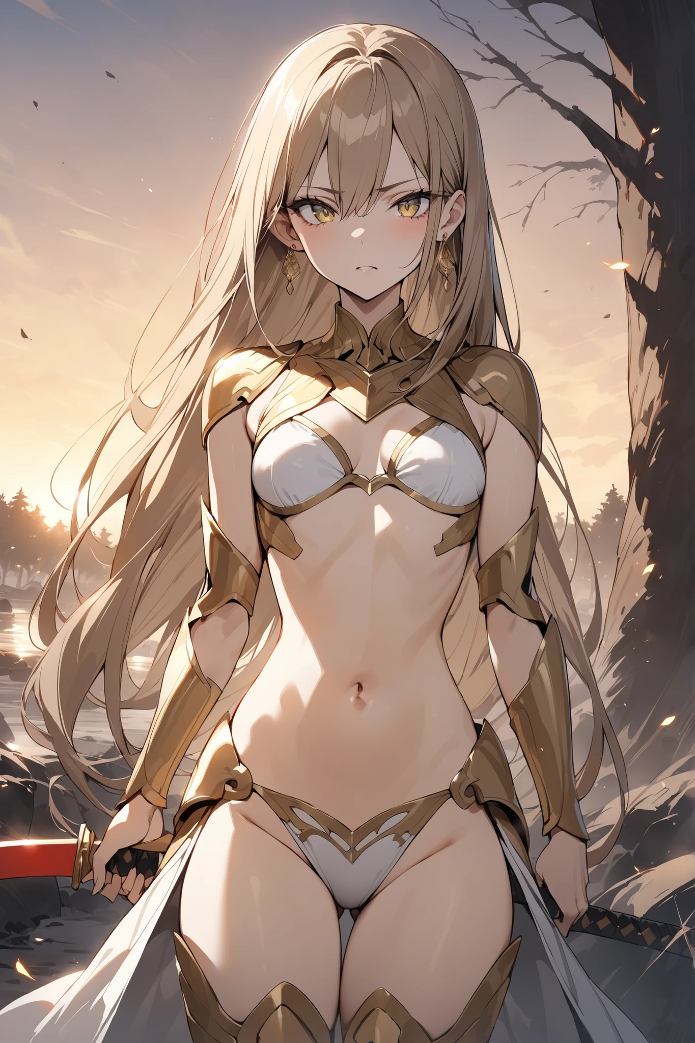1 girl,long blonde hair,blonde bikini armor,open mouth,large breasts,sitting,spread legs, knees up,Devastated land,dead tree,bright overcast sky,