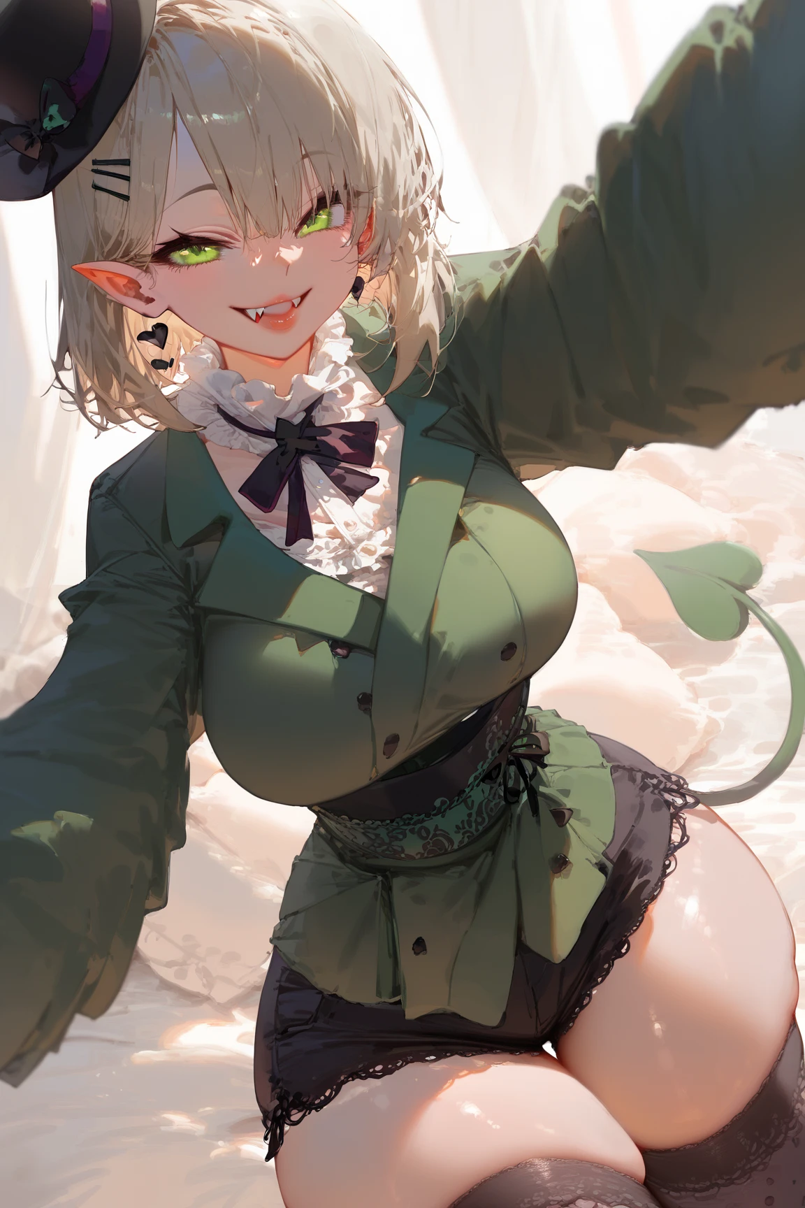 (Best quality:1.1), (Masterpiece:1.4), (Illustration fantastique:1.2), 1fille, ((bimbo)), Cute girl, yellow eyes, short dark green hair, cat ears, cat collar, cat tail, Beautiful eyes, better hands, High quality, short dark green hair, Her tongue is out of her mouth, sexy, sex, she’s hot
