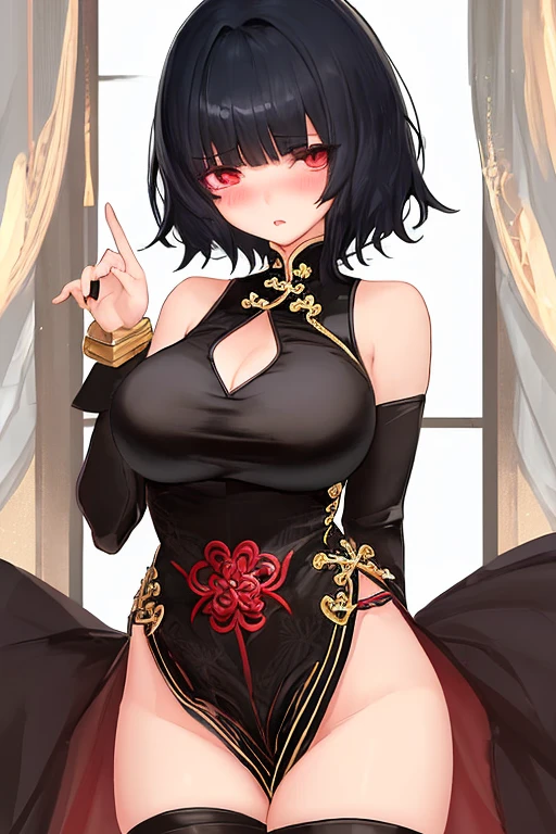 A sexy magic girl, solo, mature female , (red eyes, black hair), short hair, long bangs, pink lips, detailed face, cute art, anime art, seductive girl, good body shape, (demon girl), oni horns, ((magic girl costume)), lewdy, (ero), sexy girl, (lewd expression), curvy, hot, pink costume, red costume, golden details, grabbin her own ass, (grab ass)