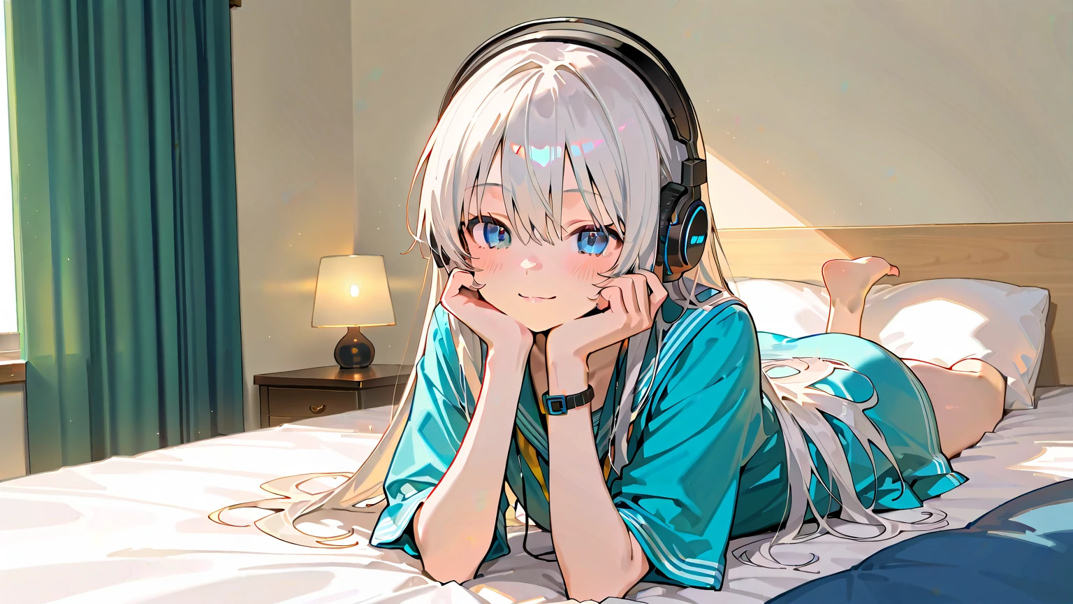 white-haired girl in her room listening to music with headphones