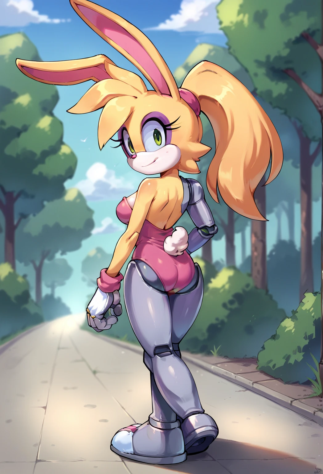 score_9, score_8_up, score_7_up, score_6_up, score_5_up, score_4_up, (Source furry), (rating safe), bunnie rabbot, rabbit girl, ponytail, walking outside, green eyes, outside, trees, grass, naked, cowboy shot, breasts, looking at viewer, single mechanical arm, nipples, nsfw