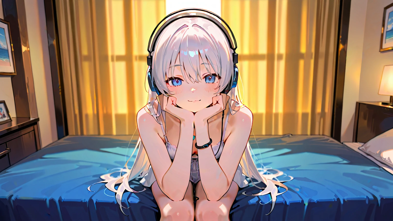 ((Top Quality)), ((Masterpiece)), ((Details)), perfect face, perfect body, sitting on the swimming pool, listening to music, wearing headphones, wearing swimsuit, swimsuit transparent, tight with buttocks and breasts exposed Woman with clothes on and face visible