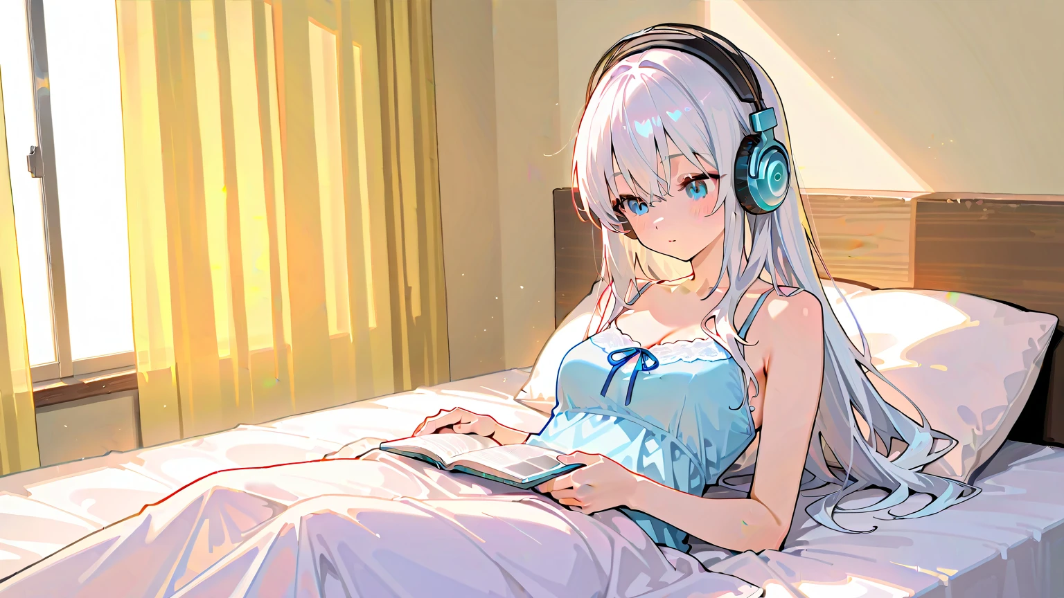 white-haired girl in her room listening to music with headphones