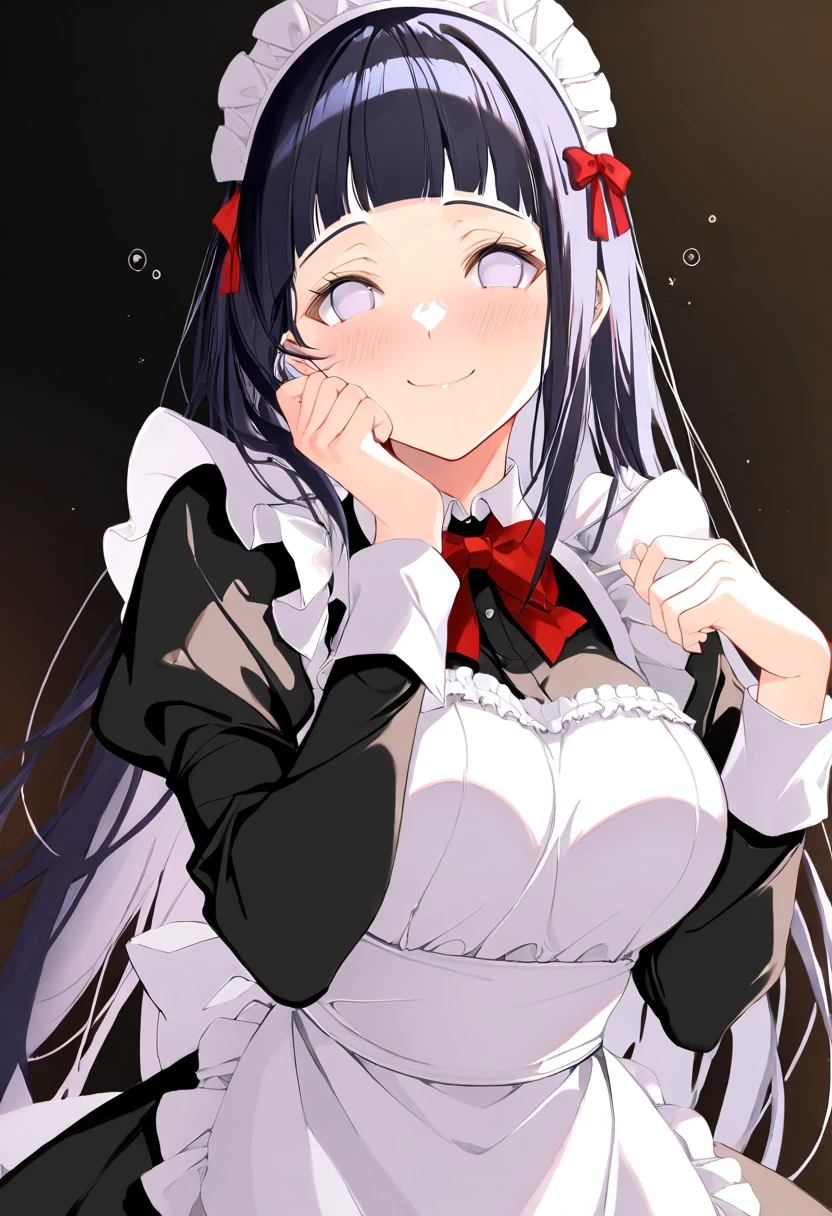1girl, gradient_eyes, goth, maid, nose freckles, medium breasts, grey_background, arms_behind_back, pale, red eyes, hime_cut, eyeshadow, open_mouth, black hair, blunt bangs, long hair, looking_at_viewer, solo, blush, sweat,
<lora:homebrew_vitaminless_trimmed-000006:0.8>,