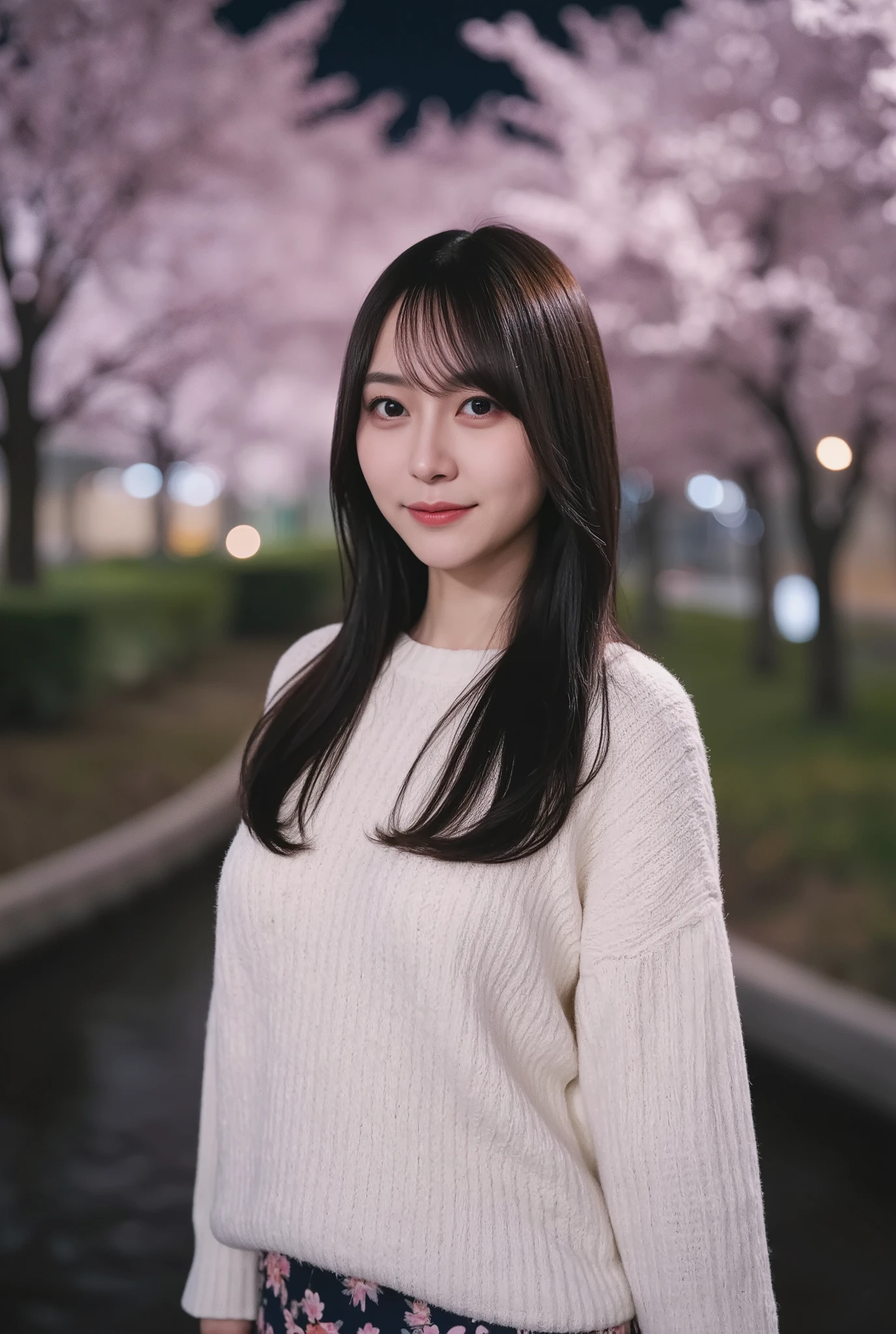 (mature adult woman wearing a leotard1By people),beautiful black hair,(((super straight hair))),((long hair)), realistic person images in dark waters,Realism,best quality,mastepeice,top quality,Max Video Quality,highest resolution,FINE DETAILS,Beautiful detailed face,black eyes,((realistic skin)),detailed background,( Exact Upper Body),(perfect upper body),(upper body),((Realismのある肌)),(smiles),((((super big )))),((((wearing a white sweater and looking at me up)))),(((((walking through the late-night cherry blossom trees))))),((((Large breasts))),(((((staring at me up close))))),(((outdoor))),(((wearing a long floral skirt))),(((((Close to the cherry blossom trees in the middle of the night))))),(((large size breasts))),(((They're staring at me nearby))),((((highlight your upper body near the cherry blossom tree)))),