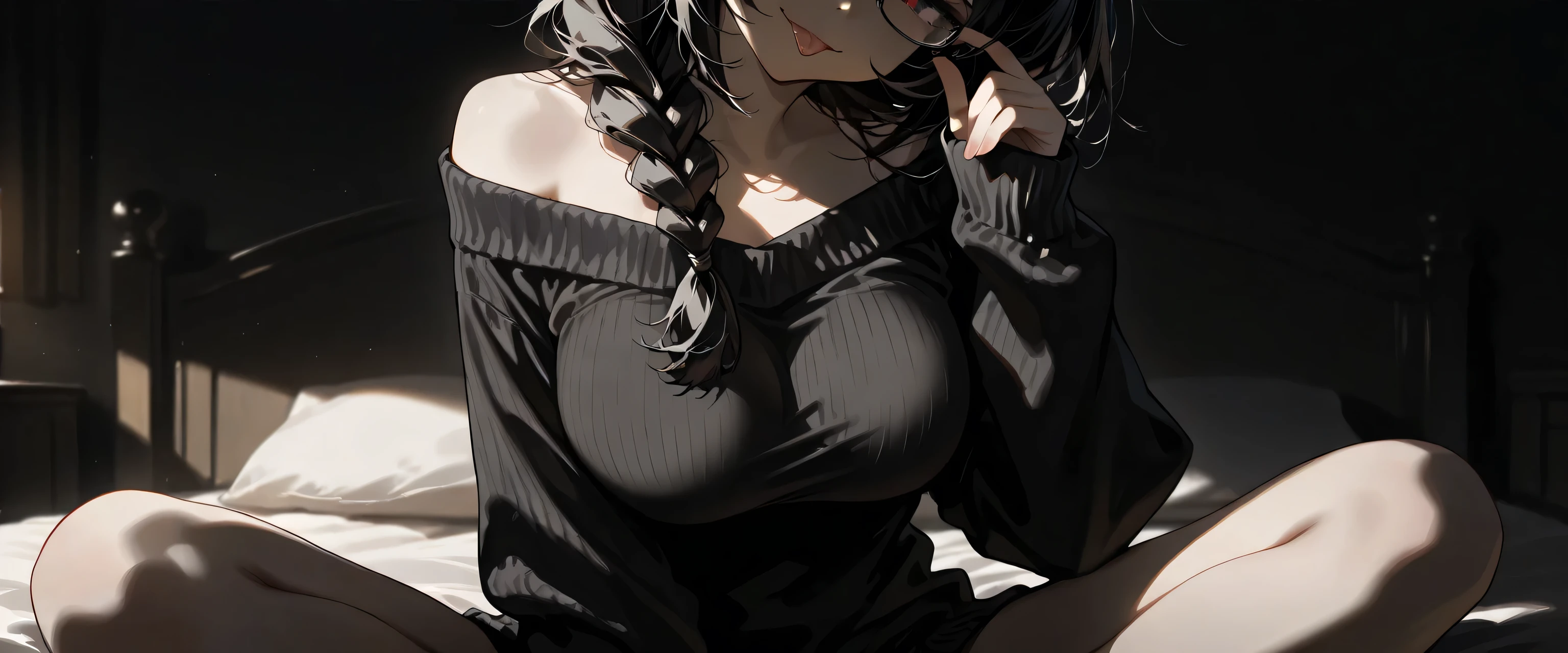 (masterpiece, best quality, ultra-detailed, high resolution, detailed, super detailed skin, beautiful detailed eyes), milf, adult, meek, mild, solo, sad smile:0.1, smug face, half closed eyes, off-shoulder:0.7, sweater, sleeves past wrists, slender body, black hair, hair over one eye, forehead, single braid, troubled eyebrows, sitting, indian style, bed room, night, (head out of frame), leaning head:1.4, head tilt:1.4, (looking over glasses, adjusting glasses), tongue out:1.6, (createconcept, addmicrodetails), breast focus