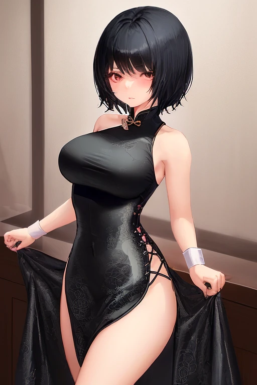((best quality)), ((masterpiece)), (detailed), perfect face, evil girl, sexy, short clothes, revealing clothes, leaning on the table, short black hair, "spade" tattoos, evil glowing eyes, green eyes,