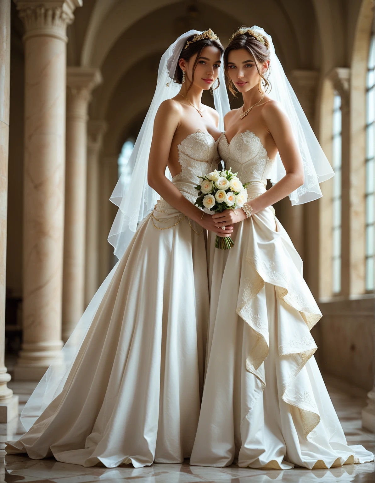 (ultra detailed, Best quality, A high resolution), whole body, dynamic angle,Smooth and dynamic,Cinematic,woman and man stand in the middle of a beautiful wedding venue, (masterpiece:1.4), elaborate wedding dress, woman in long white dress with lace details and veil, man in tuxedo, custom made, their faces express joy and love, background decorated with bright flowers and romantic decorations, (A high resolution:1.4), The woman's shiny skin and the man's formal attire create a striking contrast.., atmosphere, filled with happiness and the promise of a lifetime of dedication. (BREAK) intimate moment, couple exchanges loving glances, Hands and arms carefully