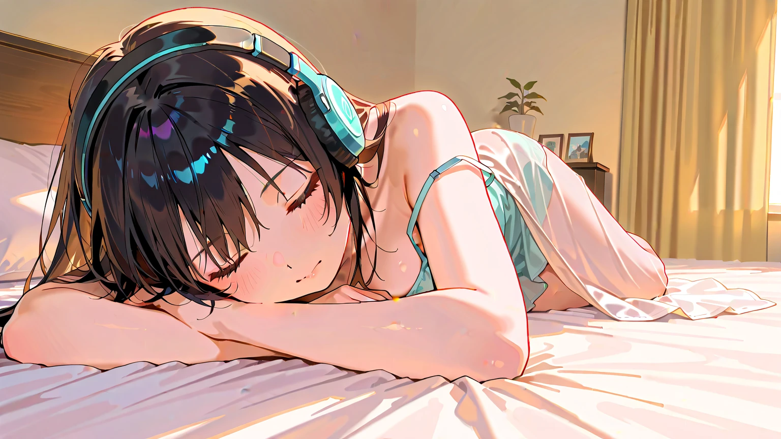 cassette tape、earphone、Lying on the floor in the room、feetをベッドに乗せて音楽を聴いている人のイメージを描きます。 detailedな(face、eye、hand、feet、)(masterpiece) (Highest quality) (detailed) (8K)、detailedな背景、Portrait Photography、