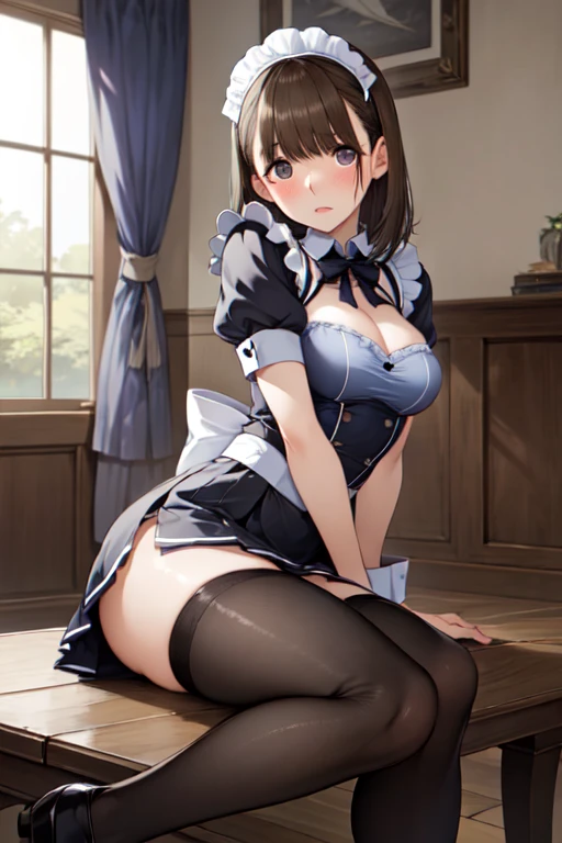 (((masterpiece, Highest quality, High resolution, 超High resolution, Perfect Pixel, Depth of written boundary, 4K, RTTX 10.0))), Beautiful Anime Woman, Beautiful art style, Anime characters, ((Smooth texture, Realistic texture, Anime CG Style)), Exact finger count、Exact number of legs、(Exact number of arms:1.0, Exact number of hands:1.0), (Perfect hands, Perfect Anatomy), Cinematic, Realistic, Extremely detailed CG, Daytime lighting, Perfect lighting, Best Shadow, The best natural light, whole body, Perfect body, バランのとれたPerfect body, Perfectly balanced style, (Slender body:1.2), ((Long Hair, bangs, Reddish brown hair, Stylish hairstyle)), ((A cute woman straddles the legs of a sleeping man, Cowgirl, Man sleeping on his back:1.8)), (pussy juice:1.5), ((Bow tie around neck, High heels:1.3), (Sexy and cute blue underwear:1.3), (Stylish shiny blue satin panties, Side-tie panties, Panties with plain blue center and lace decoration on the sides:1.3), (Thin panties:1.3), (Blue micro lace satin bra, Blue bra with lace trim, Thin bra:1.3), (garter belt, Black knee socks:1.3):1.3), (Beautiful big , Cleavage:1.1), (Embarrassed expression:1.4), blush, (sexual pleasure expression:1.5), (The expression of someone who is holding in the toilet:1.4), (Look up, Mouth half open, Half-close your eyes:1.2), (Stylish bar, Stylish restaurant:1.3), naked, In underwear, Waitress in underwear, (Frilly maid-like headband:1.2), whole body, Angle from the front