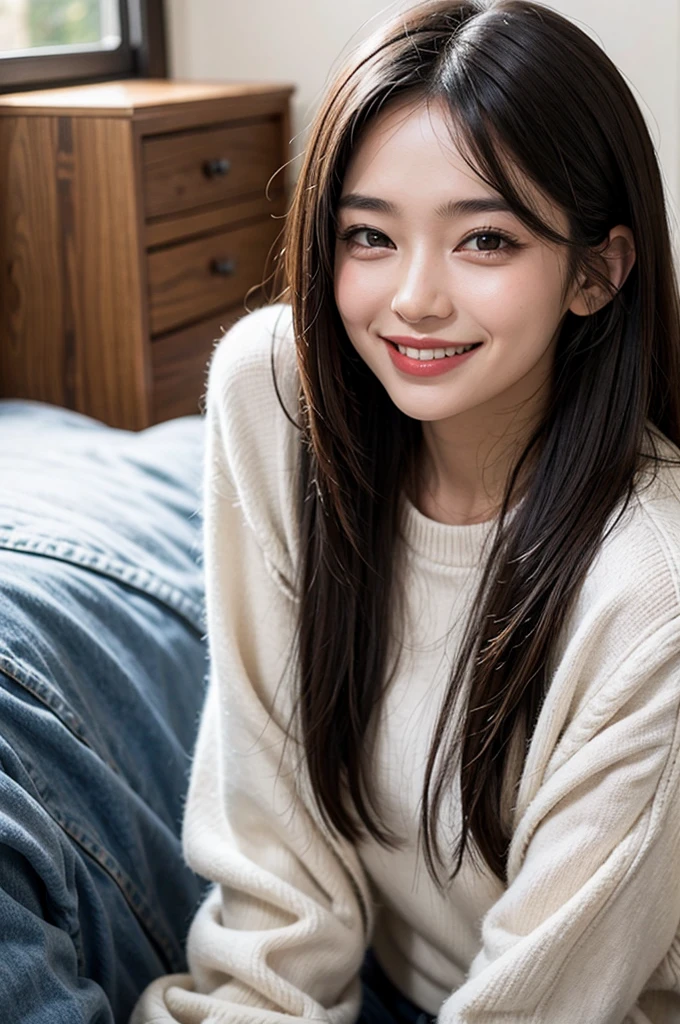 Tabletop, Highest quality, shape, Very detailed, finely, High resolution, 8k wallpaper, 完璧なダイナミックな構shape, On the bed,One Girl, Beautiful and detailed, pajamas, ランダムなcute髪,Natural color lip, Lie down in bed, Sleep together,Bold sexy pose,smile、20-year-old girl、cute、sexy shot looking at camera,Always blur the background,Perfect and beautiful face,Beautiful and elaborate face、Slim face and figure,Perfect hands, Big eyes、Putting on gal makeup